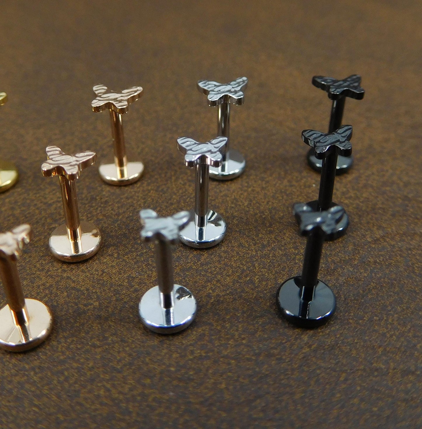 Rustic Butterfly Stud Earrings, Threadless Push Pin Gold Tone Stainless Nose Ring, Hammered Butterfly Cartilage Earrings, 16G, 18G, 20G