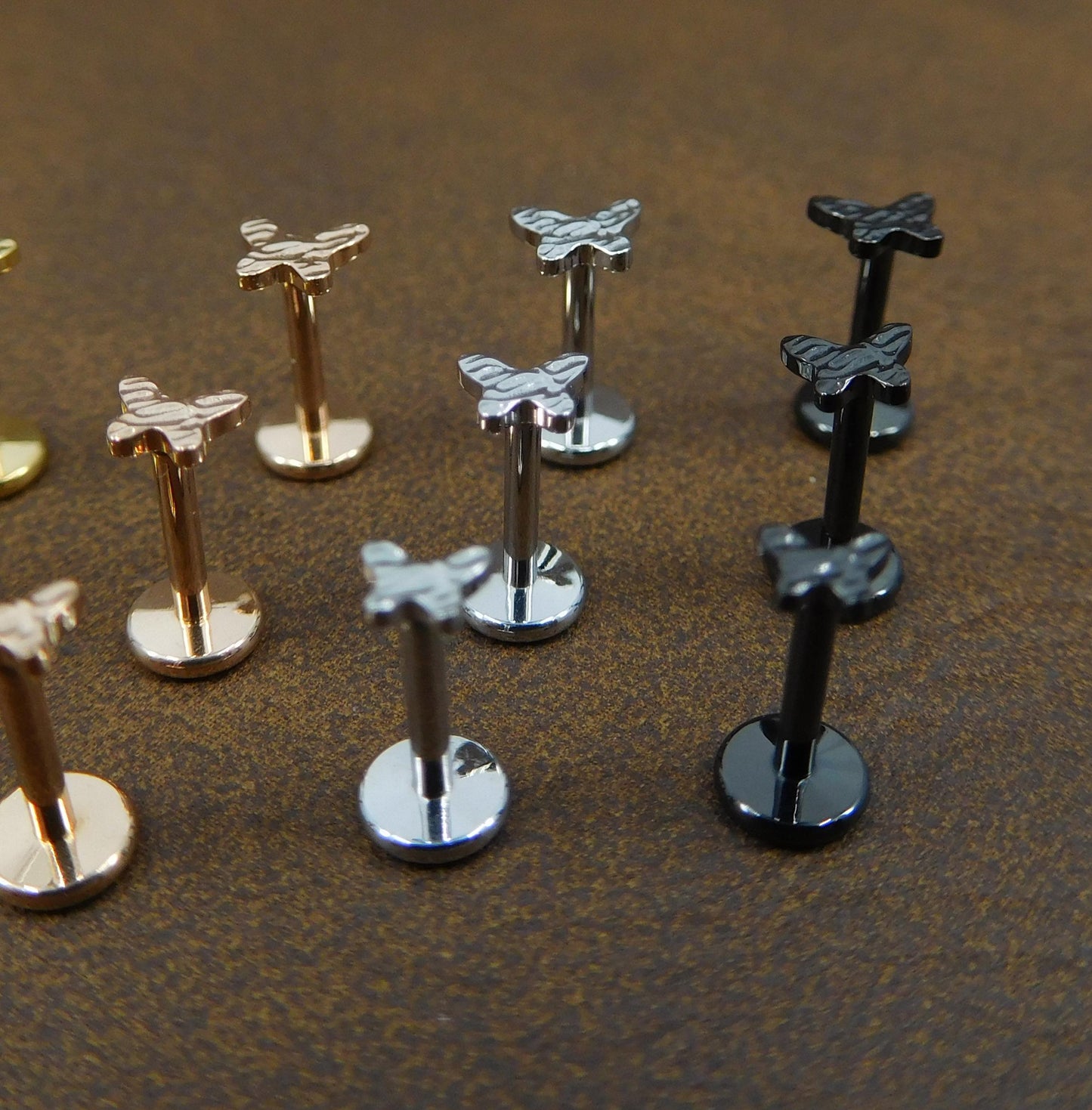 Petite 3-4mm Hammered Butterfly Stud Earrings, Threadless Push Pin Style Gold Tone Nose Ring, Unique Rustic Look Earrings, 16G, 18G, 20G