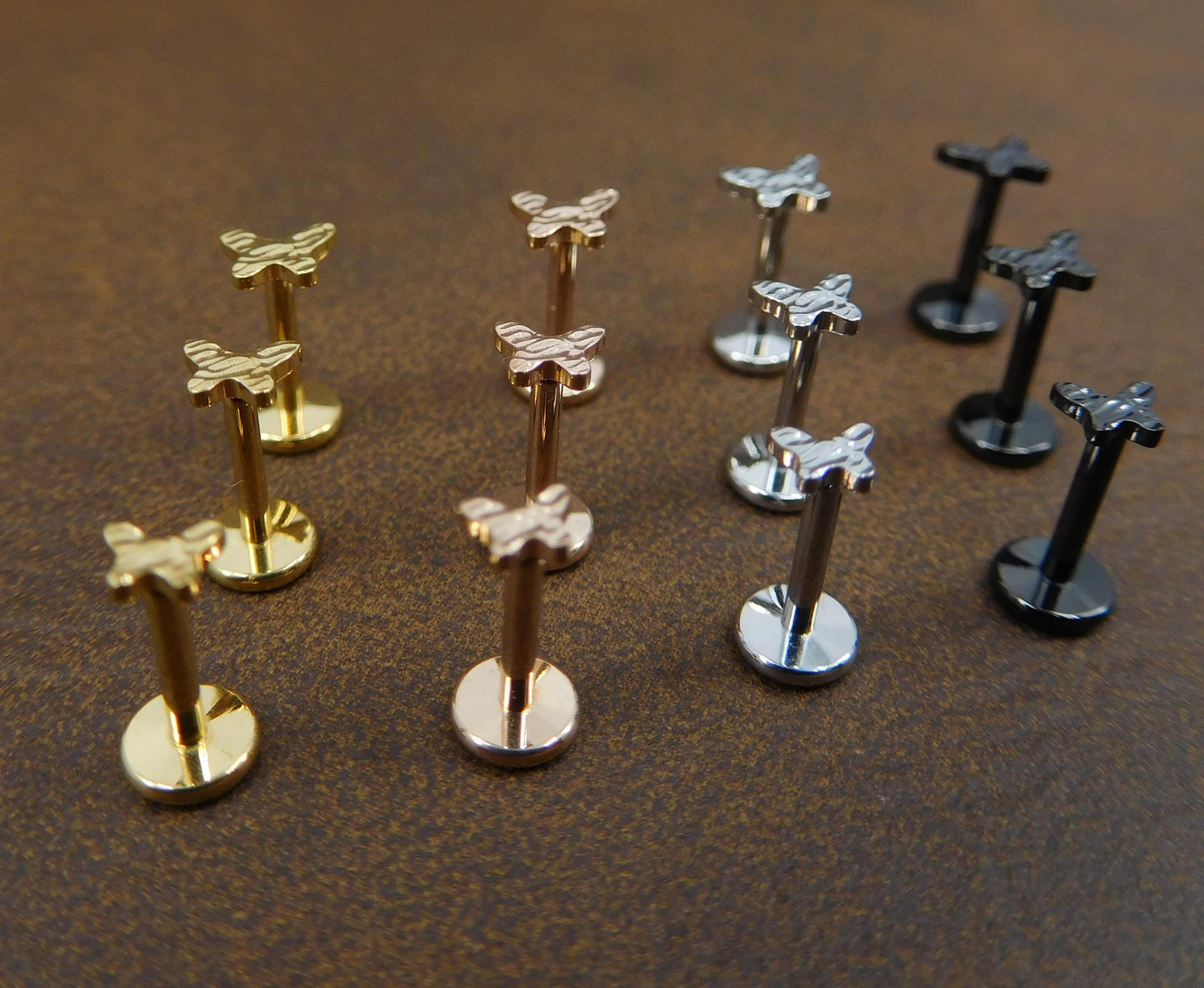 Petite 3-4mm Hammered Butterfly Stud Earrings, Threadless Push Pin Style Gold Tone Nose Ring, Unique Rustic Look Earrings, 16G, 18G, 20G