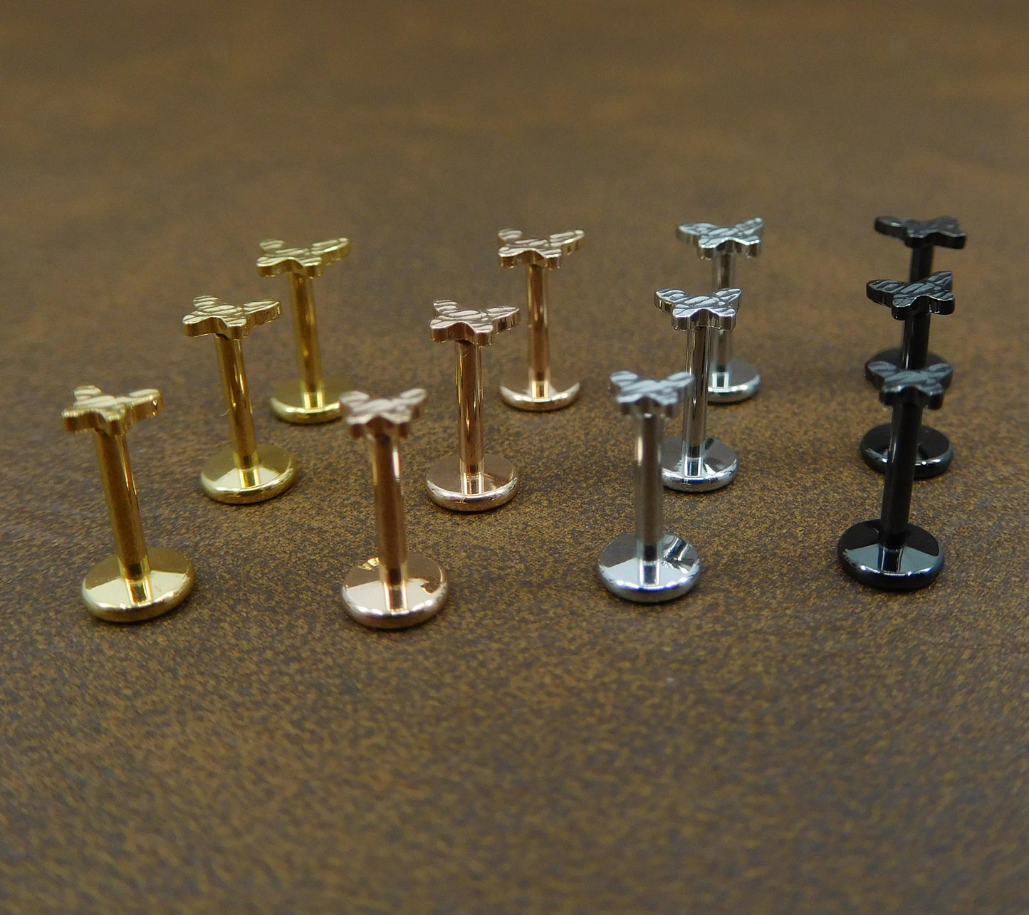 Petite 3-4mm Hammered Butterfly Stud Earrings, Threadless Push Pin Style Gold Tone Nose Ring, Unique Rustic Look Earrings, 16G, 18G, 20G
