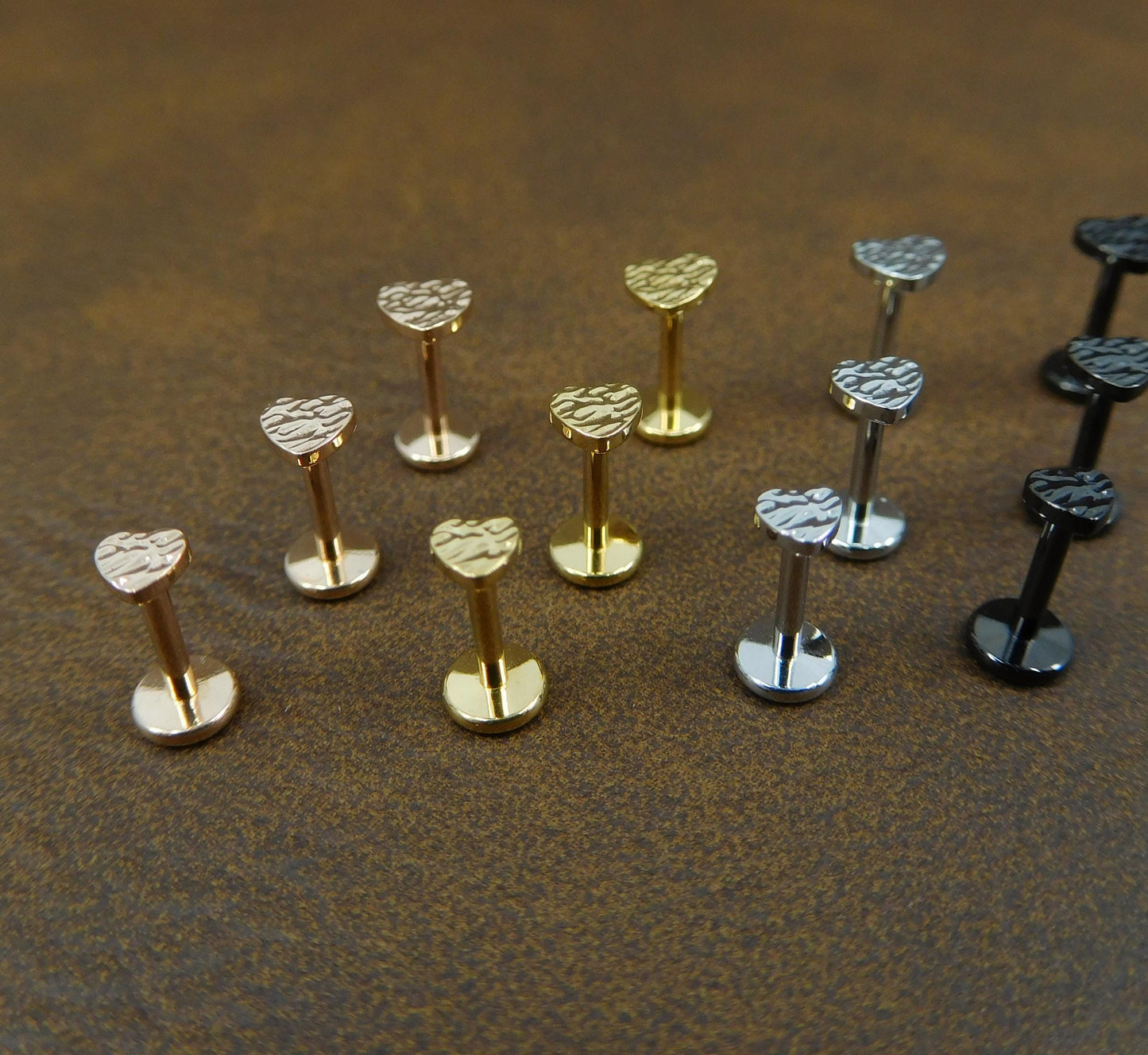 Unique 3-4mm Hammered Heart Stud Earrings, Threadless Push Pin Style Gold Tone Nose Ring, Petite Rustic Natural Look Earrings, 16G, 18G, 20G