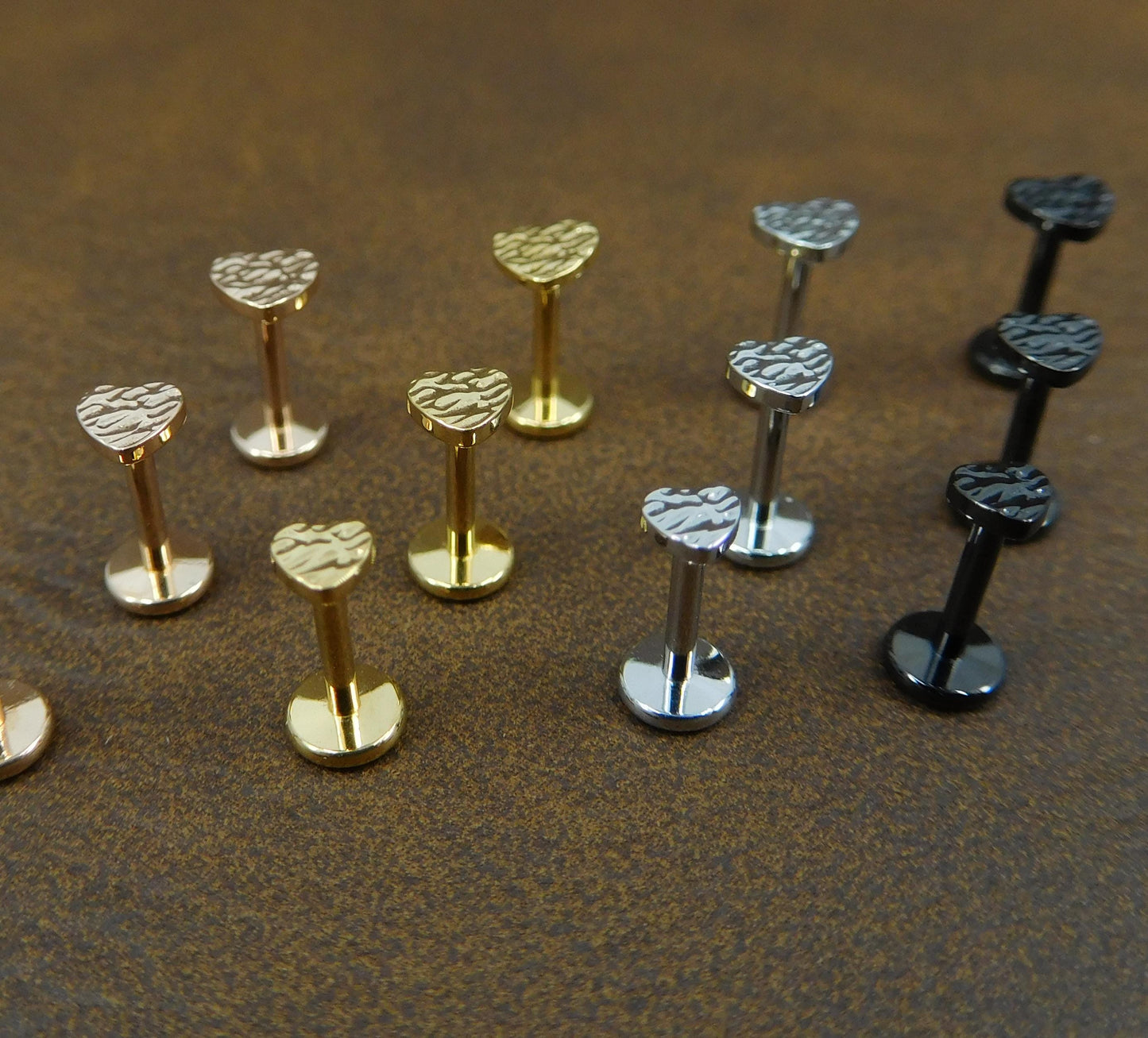 Unique 3-4mm Hammered Heart Stud Earrings, Threadless Push Pin Style Gold Tone Nose Ring, Petite Rustic Natural Look Earrings, 16G, 18G, 20G