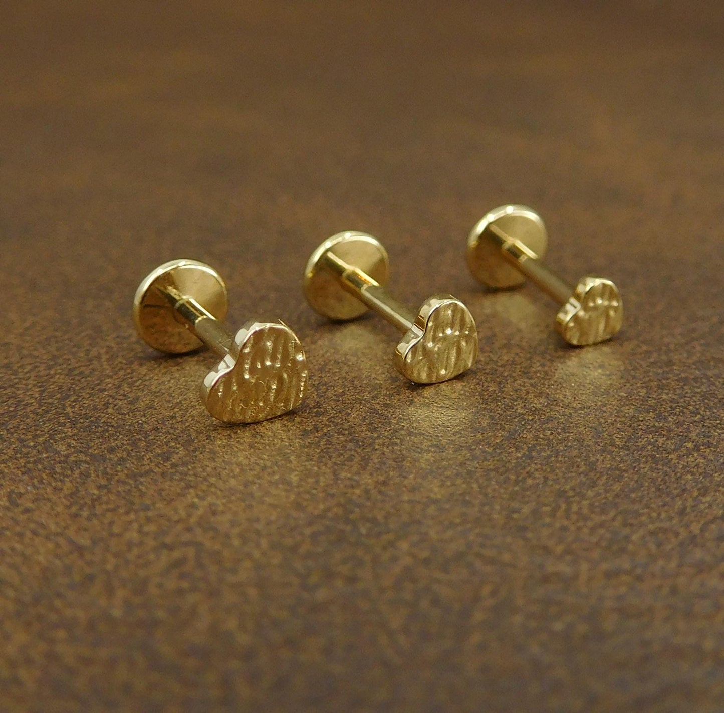 Unique 3-4mm Hammered Heart Stud Earrings, Threadless Push Pin Style Gold Tone Nose Ring, Petite Rustic Natural Look Earrings, 16G, 18G, 20G