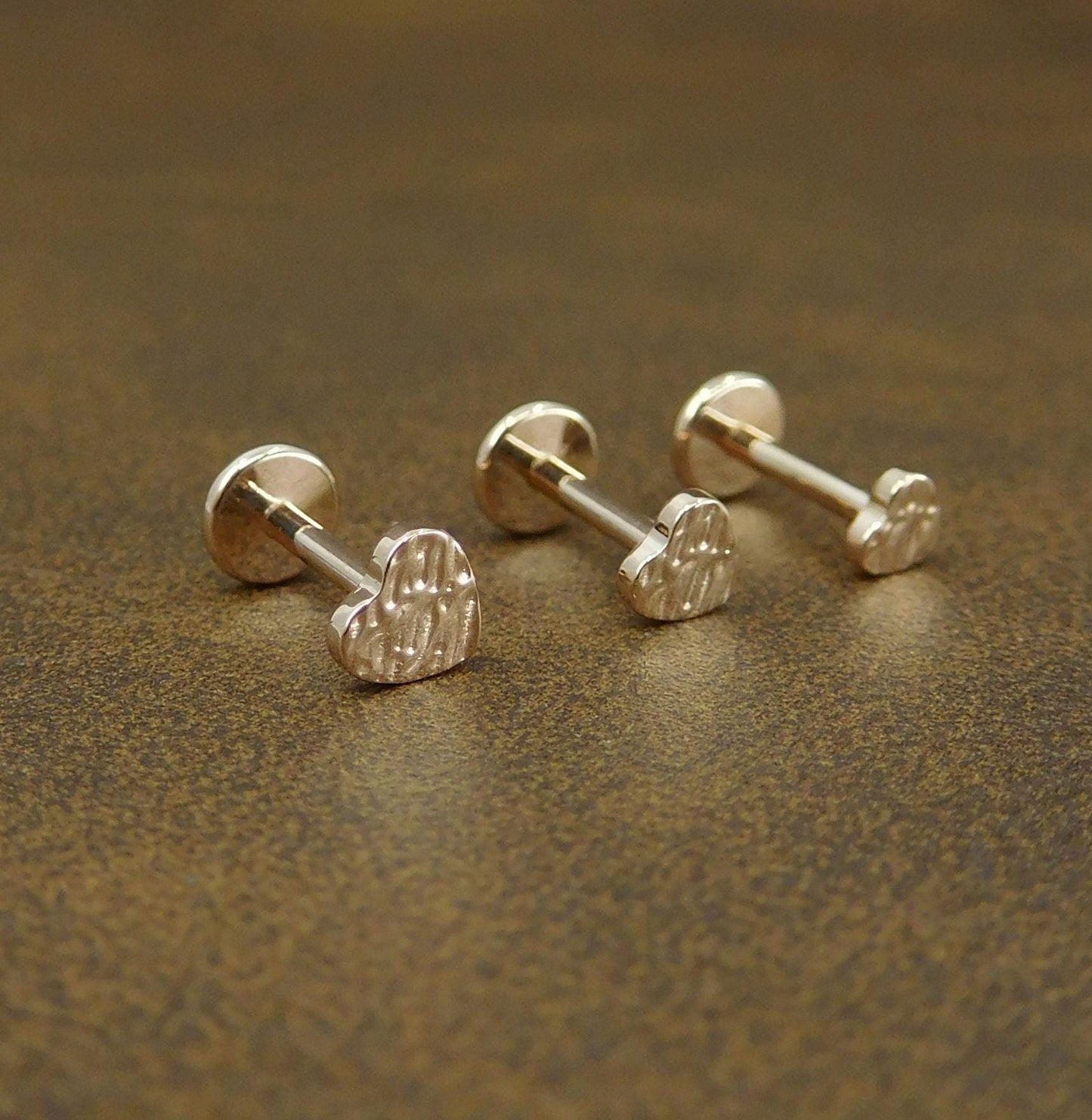 Unique 3-4mm Hammered Heart Stud Earrings, Threadless Push Pin Style Gold Tone Nose Ring, Petite Rustic Natural Look Earrings, 16G, 18G, 20G