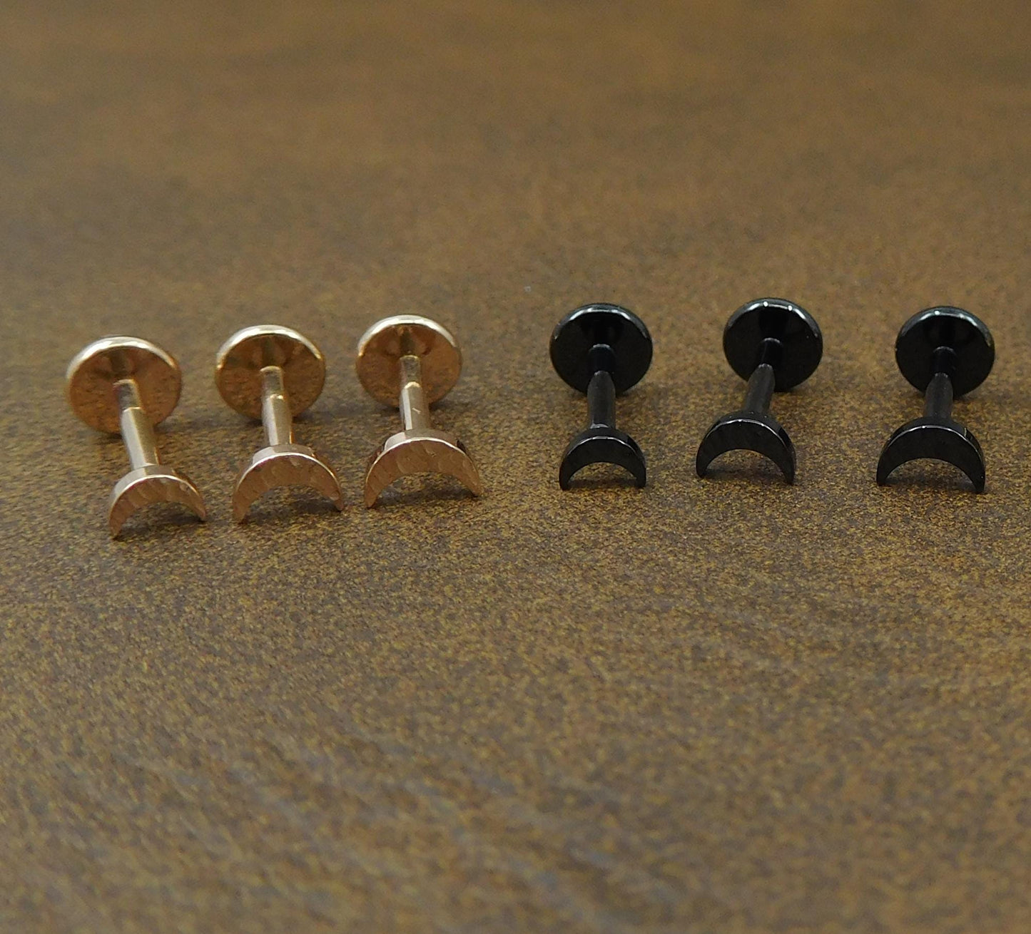 Unique Hammered 3-4mm Moon Stud Earrings, Threadless Push Pin Gold Tone Nose Ring, Petite Rustic Half Moon Look Earrings, 16G, 18G, 20G