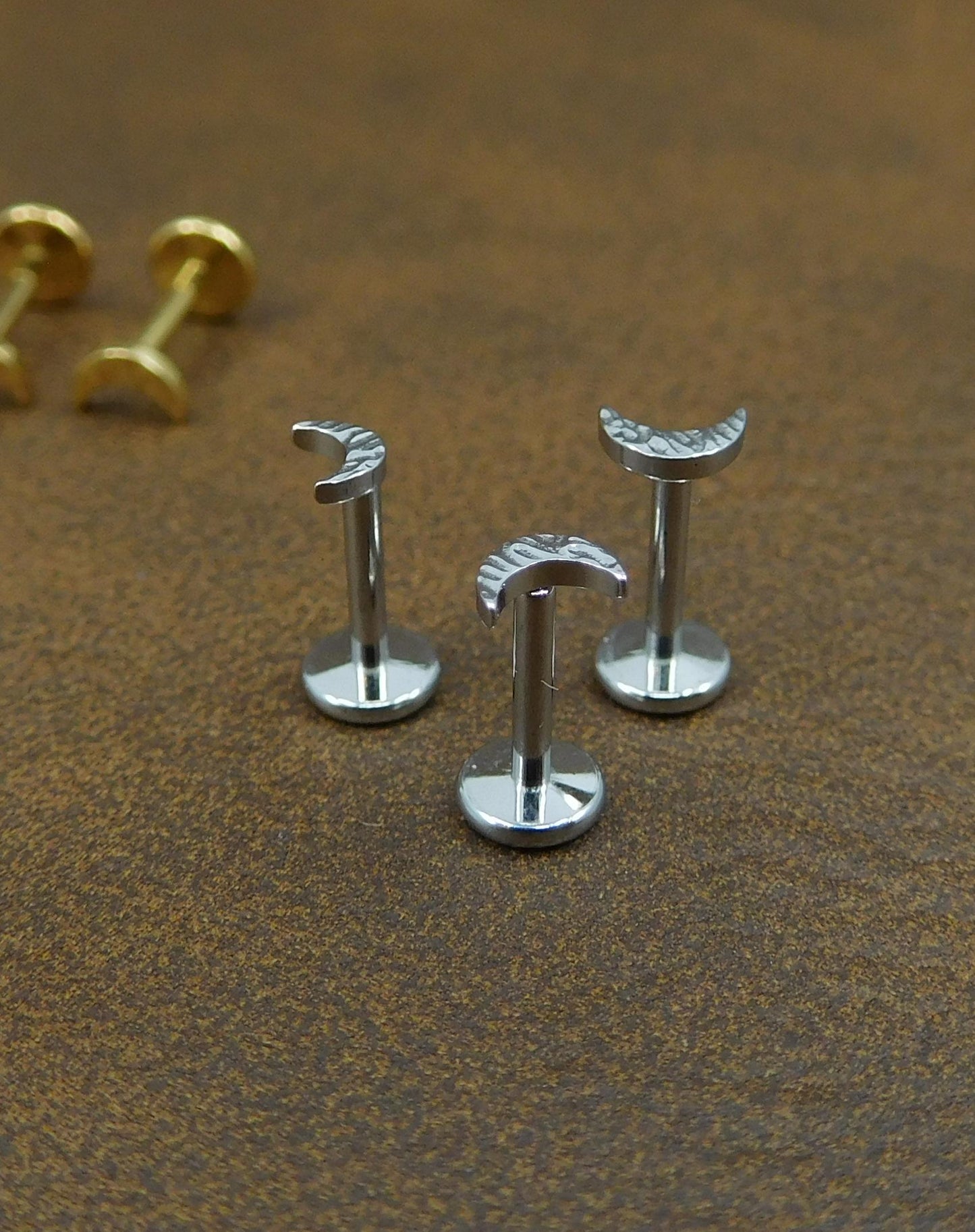 Unique Hammered 3-4mm Moon Stud Earrings, Threadless Push Pin Gold Tone Nose Ring, Petite Rustic Half Moon Look Earrings, 16G, 18G, 20G