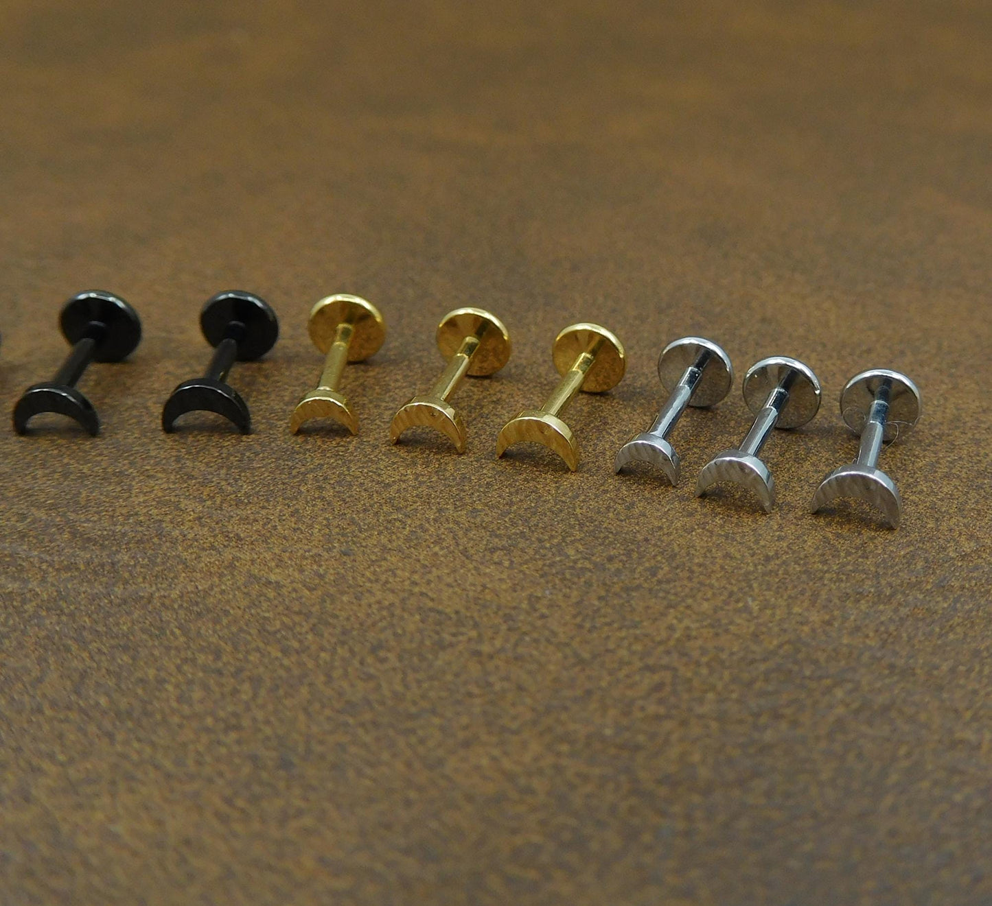 Unique Hammered 3-4mm Moon Stud Earrings, Threadless Push Pin Gold Tone Nose Ring, Petite Rustic Half Moon Look Earrings, 16G, 18G, 20G