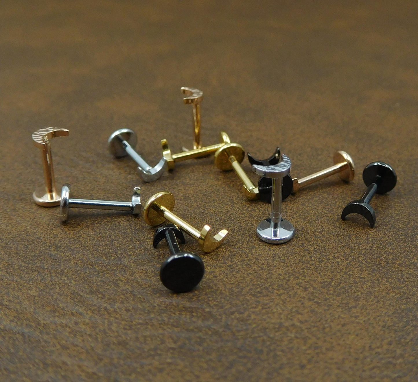 Unique Hammered 3-4mm Moon Stud Earrings, Threadless Push Pin Gold Tone Nose Ring, Petite Rustic Half Moon Look Earrings, 16G, 18G, 20G