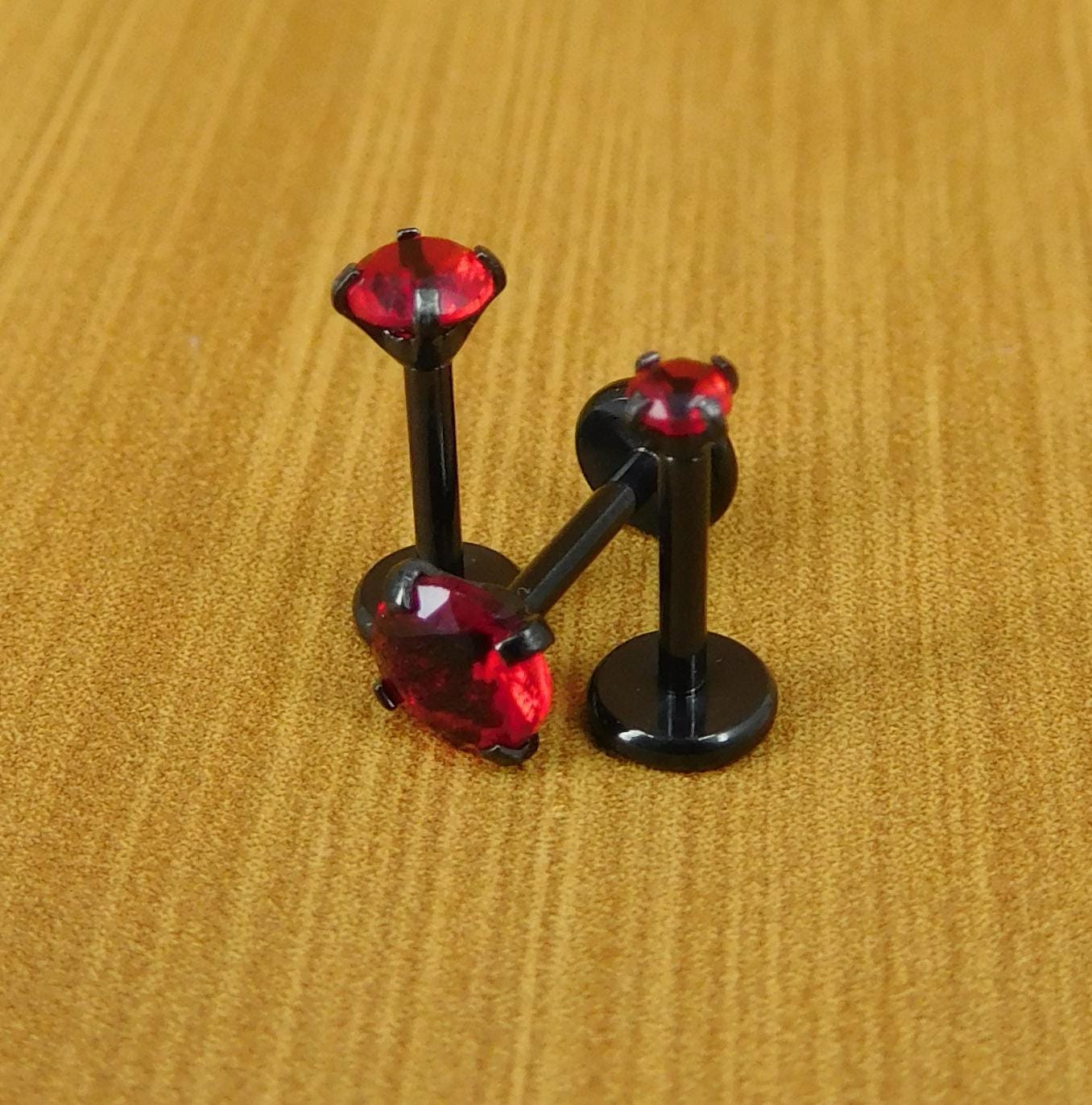 18G Red Cubic Zirconia Stud Earrings,  20G Flat Back Theadless Black PVD Nose Ring, 16G Triple Helix 2-4mm Cartilage Petite Unique Ear Rings