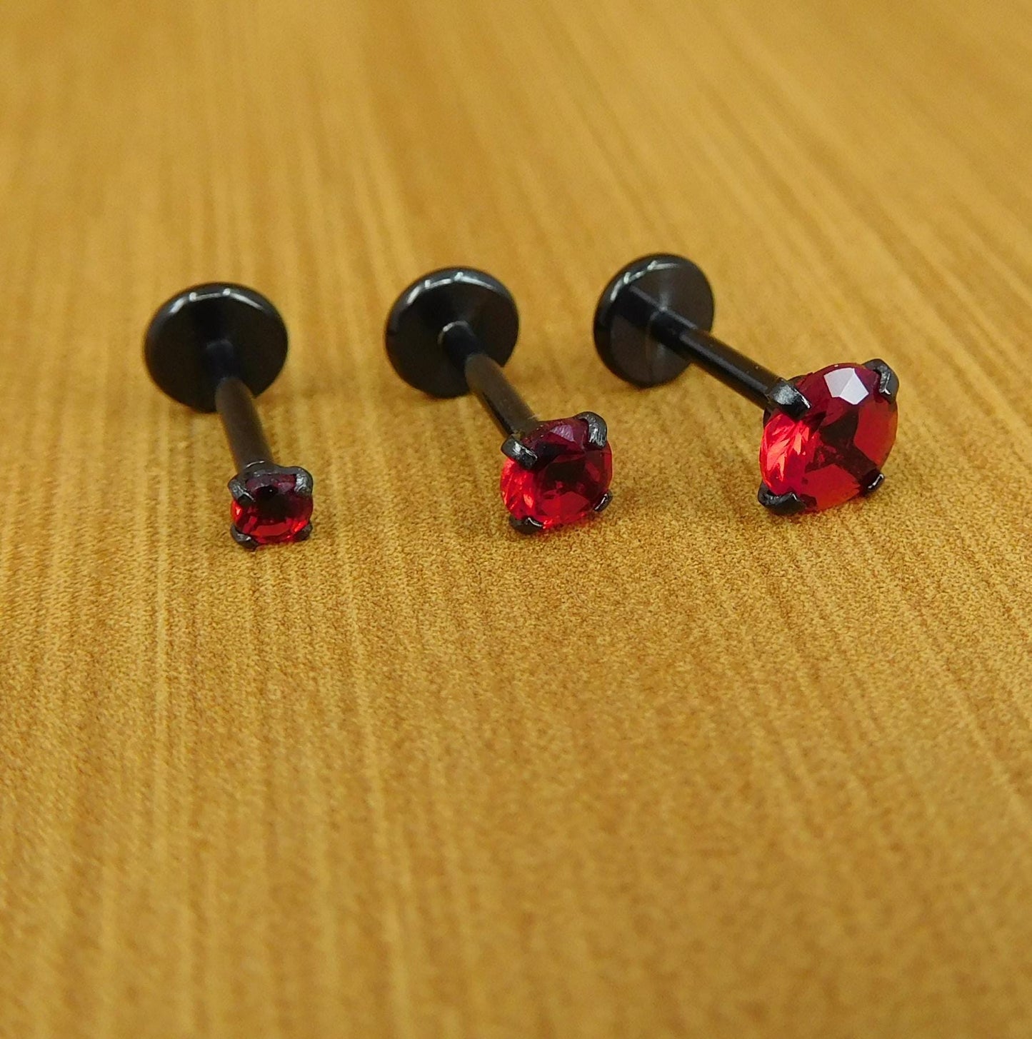 18G Red Cubic Zirconia Stud Earrings,  20G Flat Back Theadless Black PVD Nose Ring, 16G Triple Helix 2-4mm Cartilage Petite Unique Ear Rings