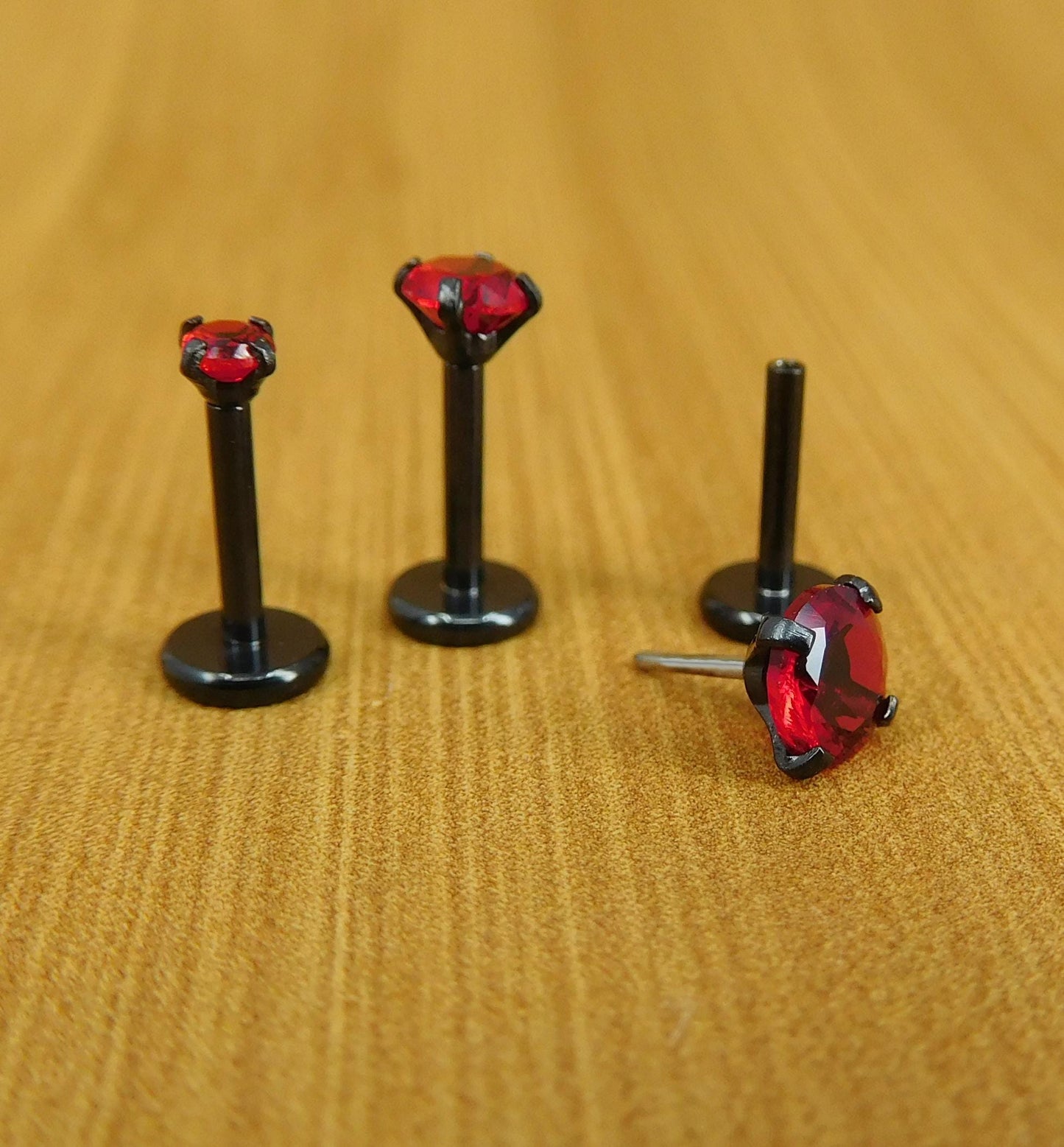 18G Red Cubic Zirconia Stud Earrings,  20G Flat Back Theadless Black PVD Nose Ring, 16G Triple Helix 2-4mm Cartilage Petite Unique Ear Rings