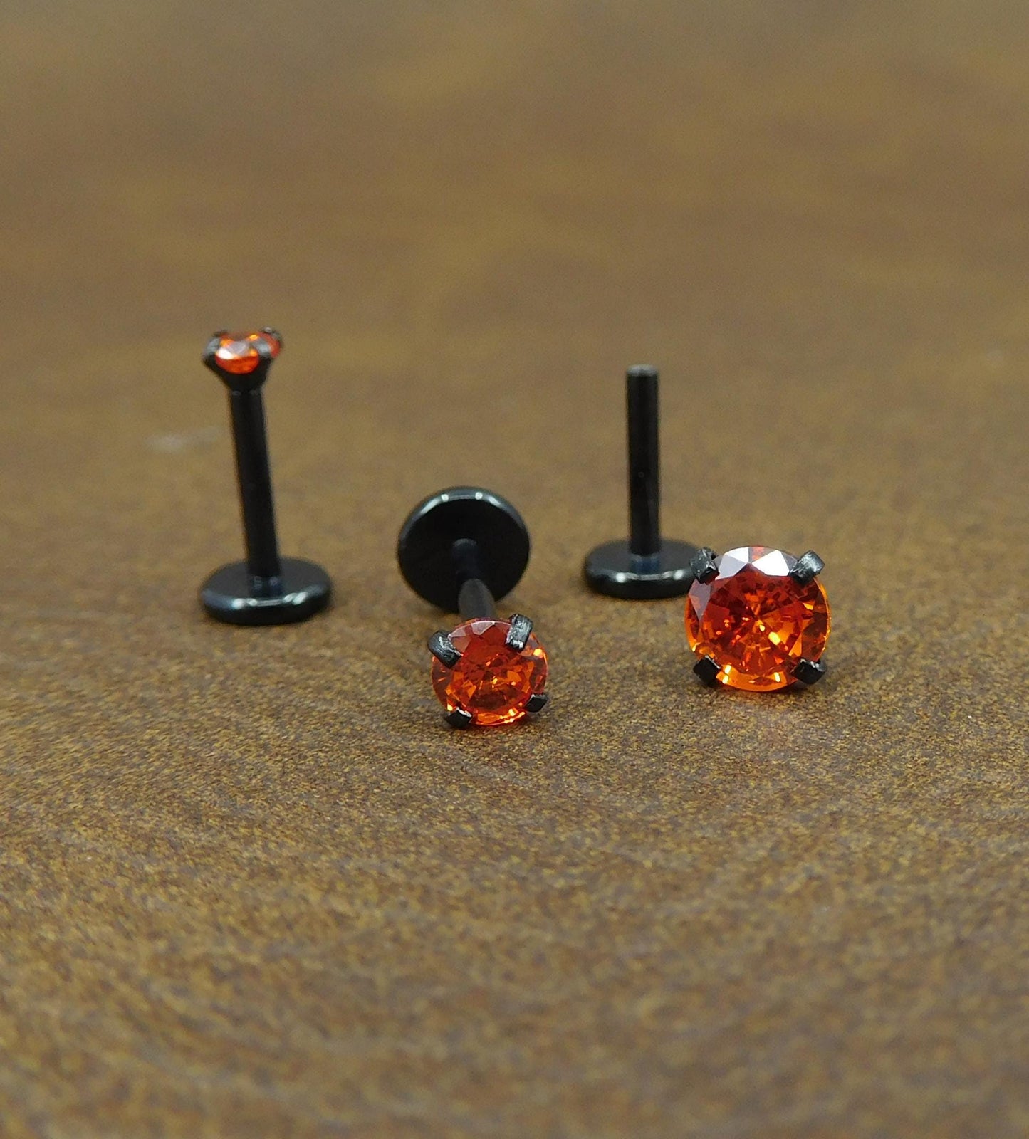 Orange Crystal Stud Earring: Black PVD Prong Set Labret Nose Ring