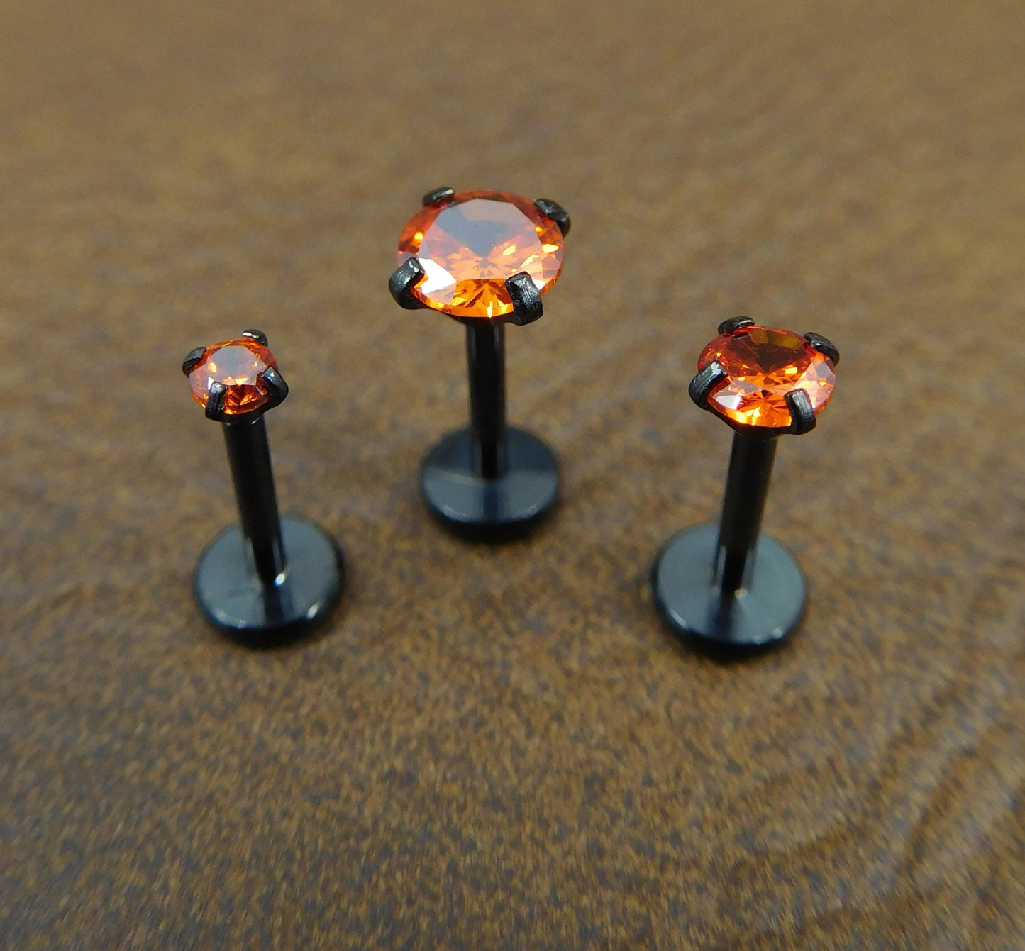 Orange Crystal Stud Earring: Black PVD Prong Set Labret Nose Ring