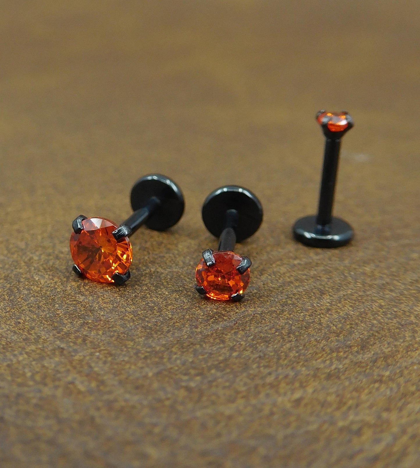Orange Crystal Stud Earring: Black PVD Prong Set Labret Nose Ring