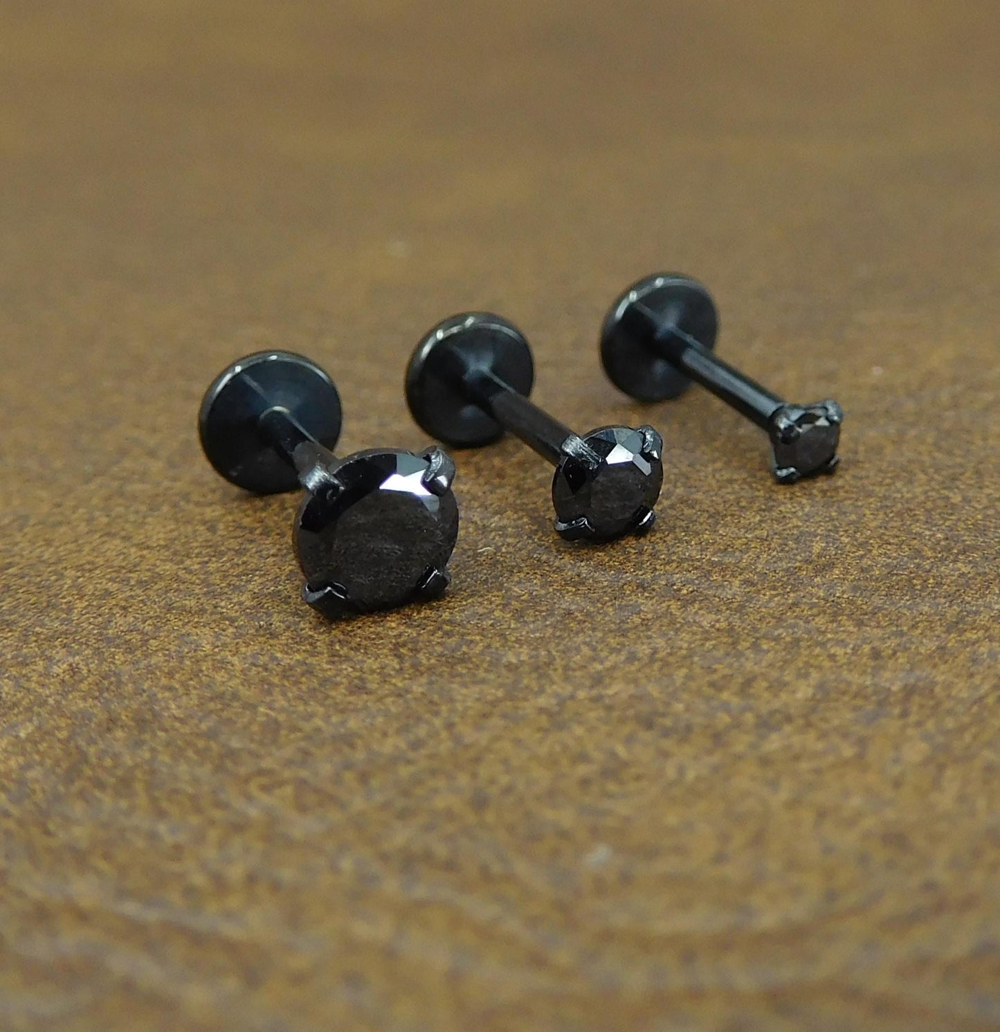 Black Crystal Prong Set Stud, Surgical Steel Flat Back, 16G 18G 20G