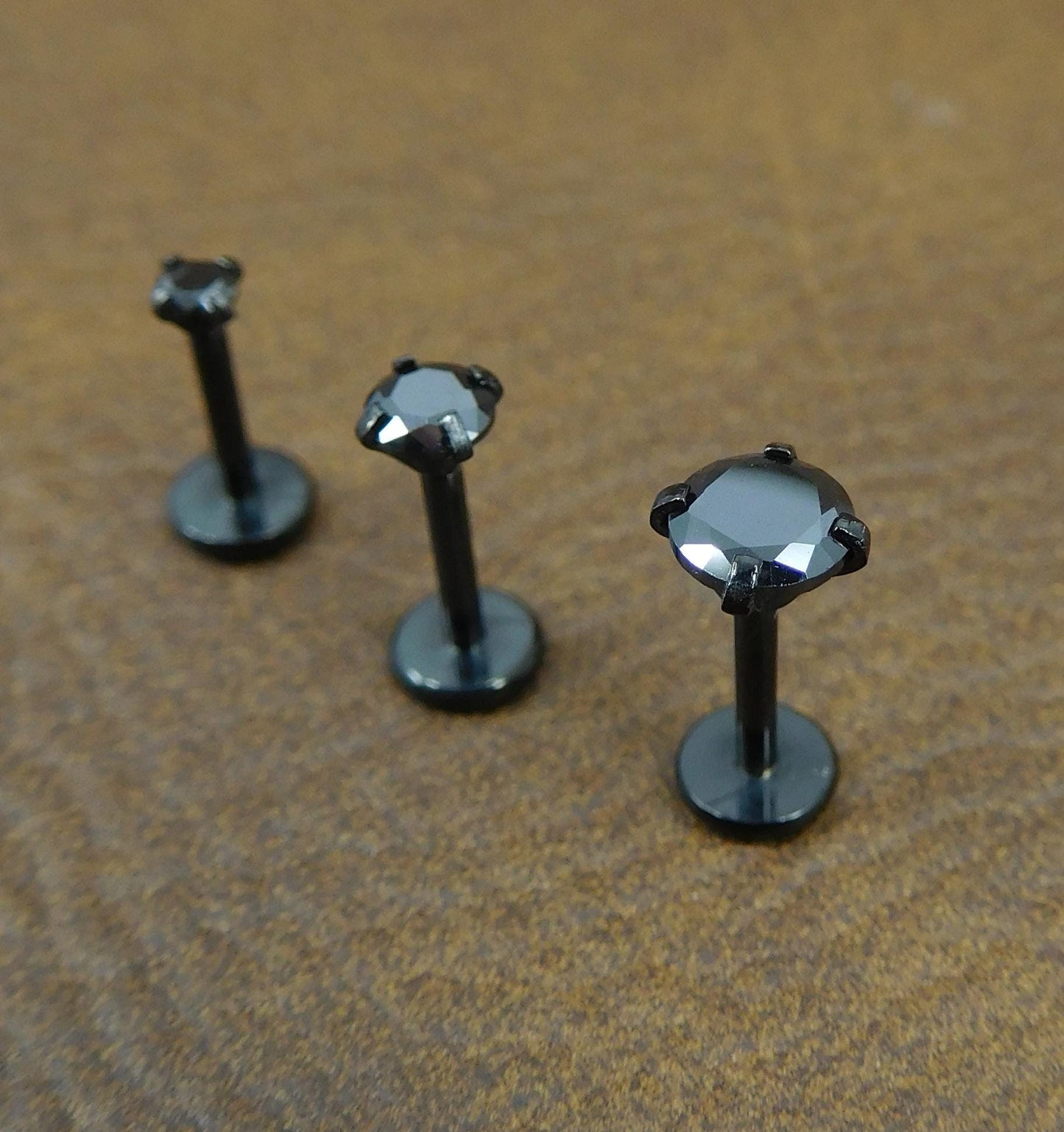 Black Crystal Prong Set Stud, Surgical Steel Flat Back, 16G 18G 20G