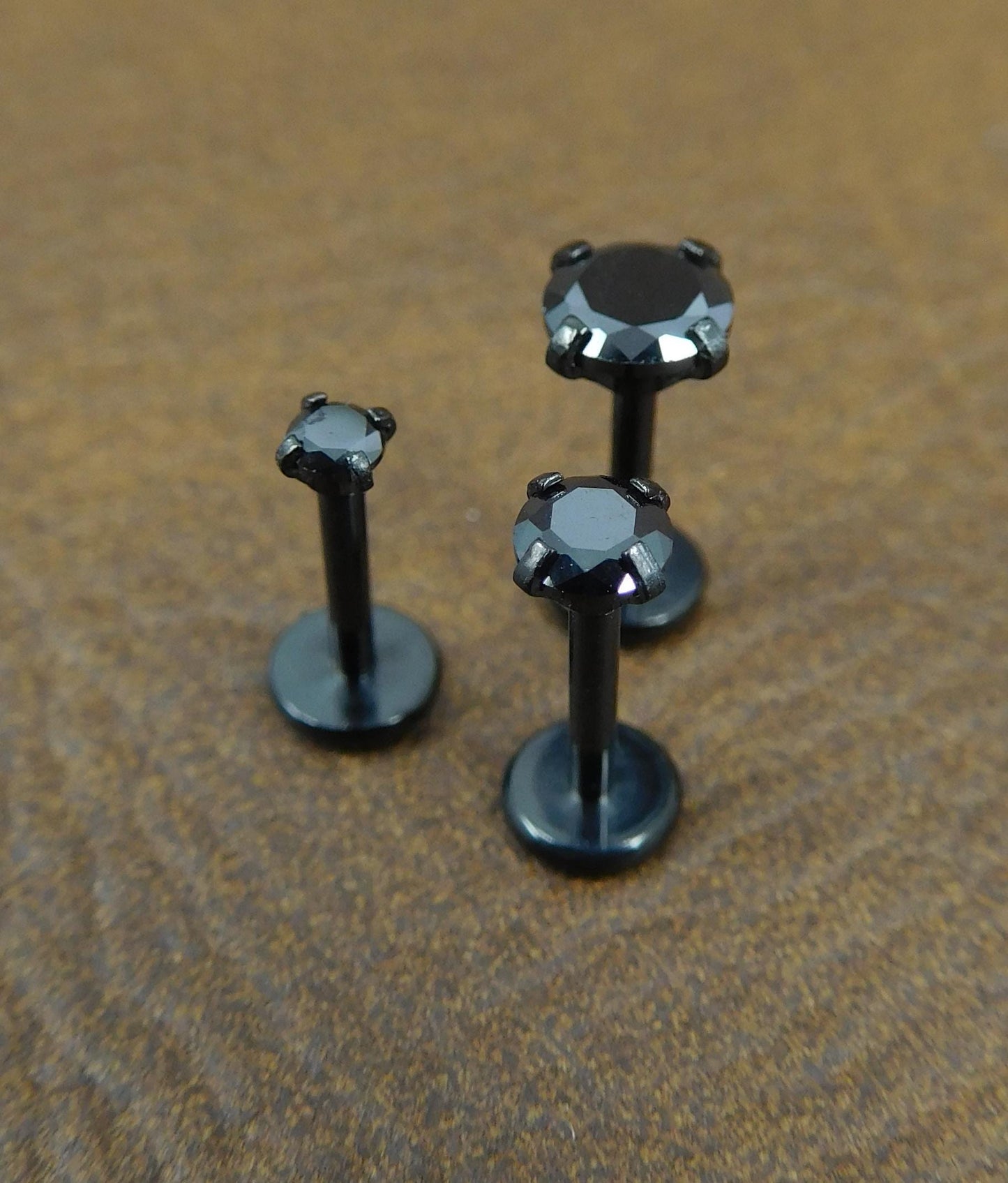 Black Crystal Prong Set Stud, Surgical Steel Flat Back, 16G 18G 20G