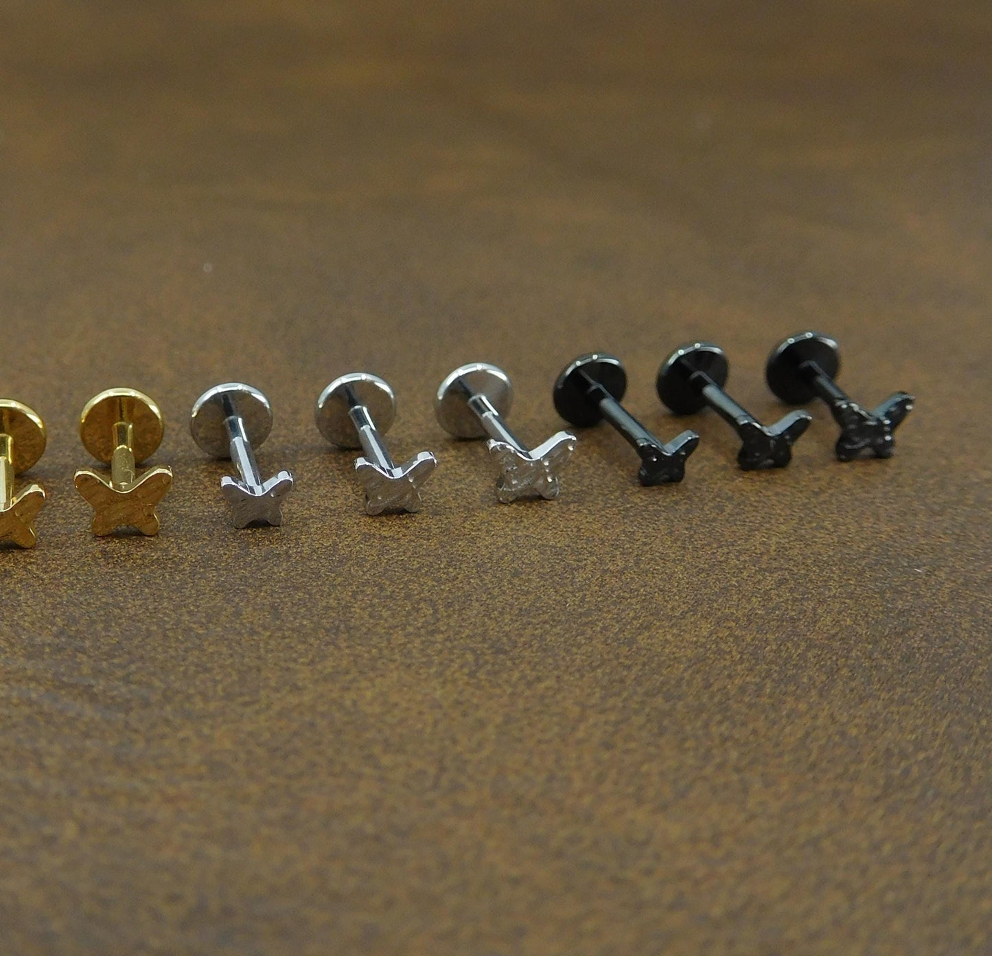 Petite 3-4mm Hammered Butterfly Stud Earrings, Threadless Push Pin Style Gold Tone Nose Ring, Unique Rustic Look Earrings, 16G, 18G, 20G