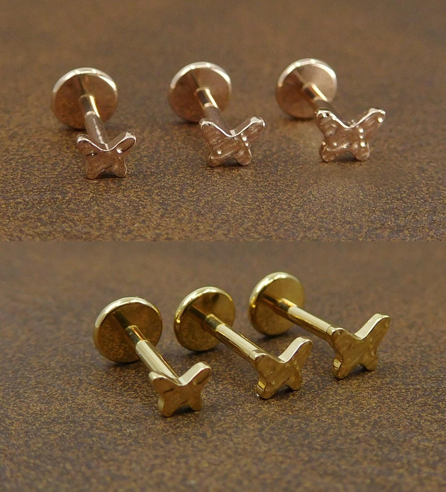 Petite 3-4mm Hammered Butterfly Stud Earrings, Threadless Push Pin Style Gold Tone Nose Ring, Unique Rustic Look Earrings, 16G, 18G, 20G