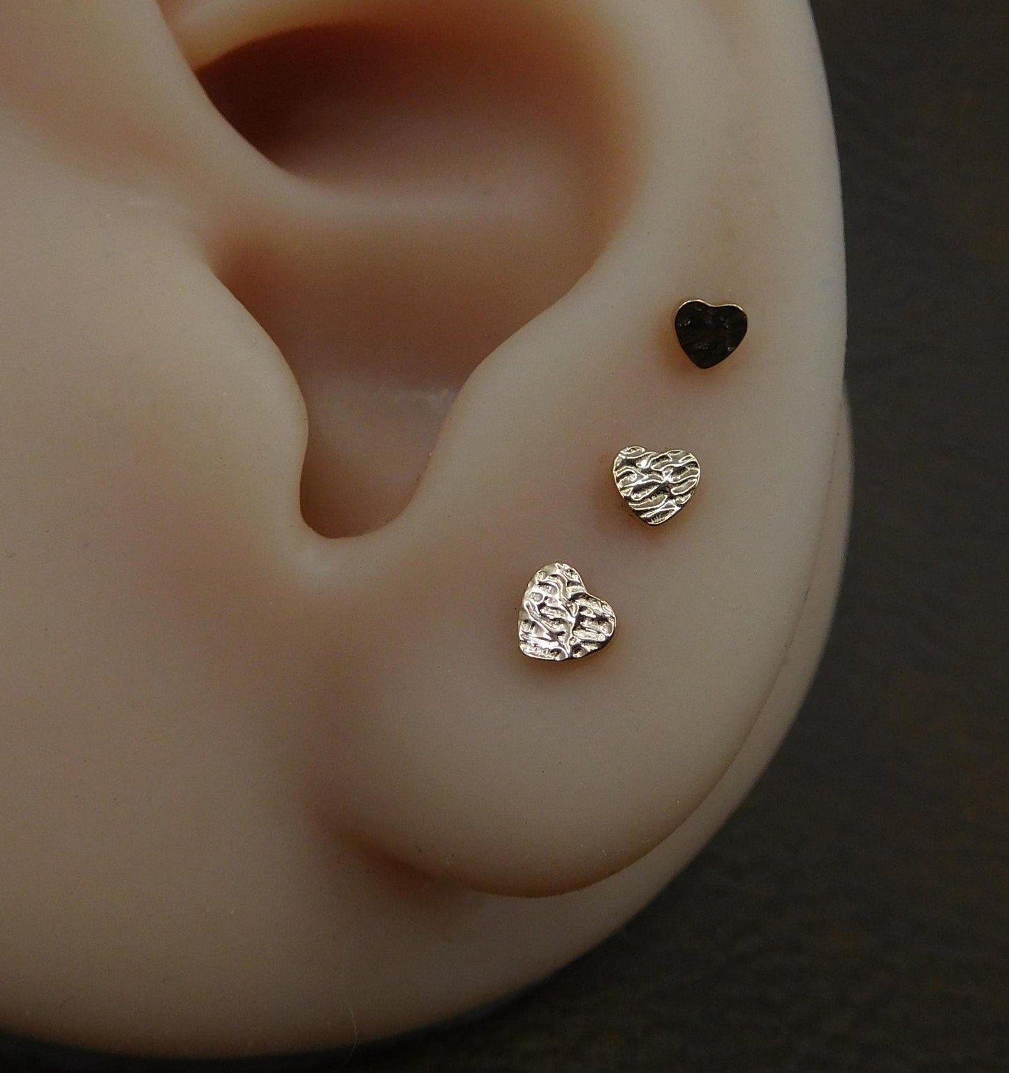 Unique 3-4mm Hammered Heart Stud Earrings, Threadless Push Pin Style Gold Tone Nose Ring, Petite Rustic Natural Look Earrings, 16G, 18G, 20G