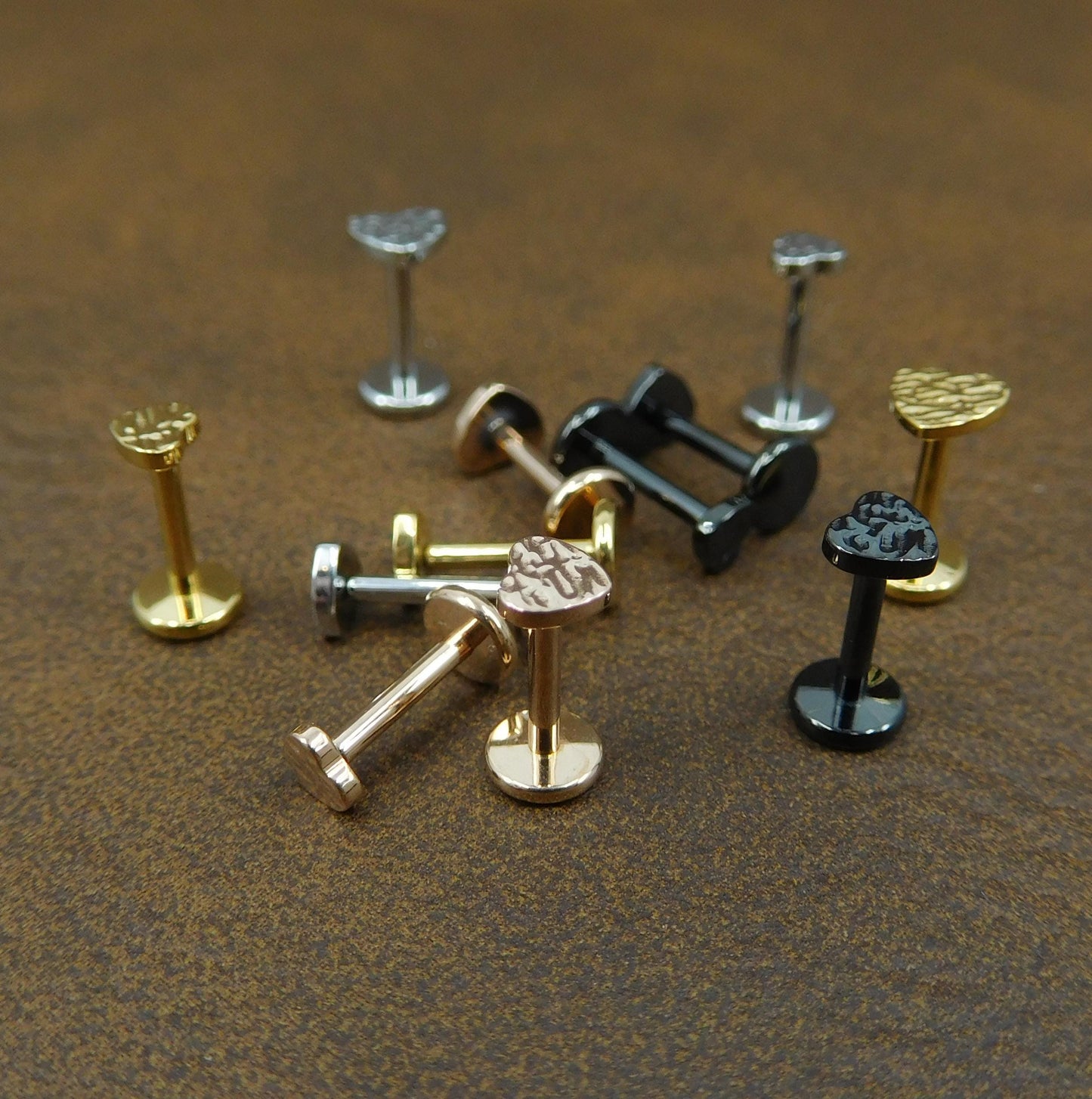Unique 3-4mm Hammered Heart Stud Earrings, Threadless Push Pin Style Gold Tone Nose Ring, Petite Rustic Natural Look Earrings, 16G, 18G, 20G