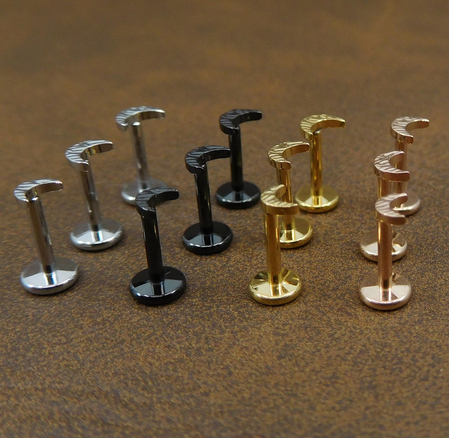 Unique Hammered 3-4mm Moon Stud Earrings, Threadless Push Pin Gold Tone Nose Ring, Petite Rustic Half Moon Look Earrings, 16G, 18G, 20G