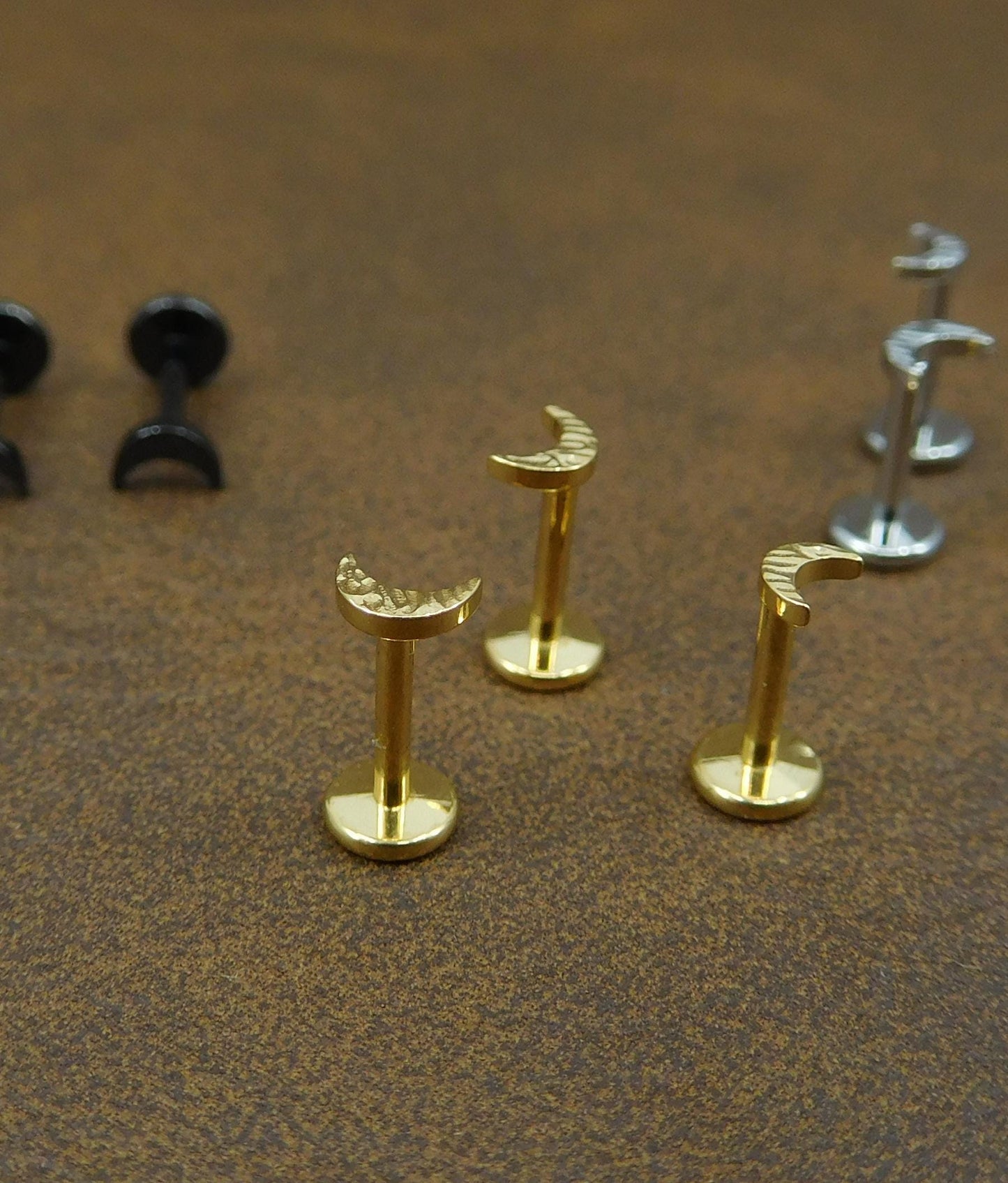Unique Hammered 3-4mm Moon Stud Earrings, Threadless Push Pin Gold Tone Nose Ring, Petite Rustic Half Moon Look Earrings, 16G, 18G, 20G