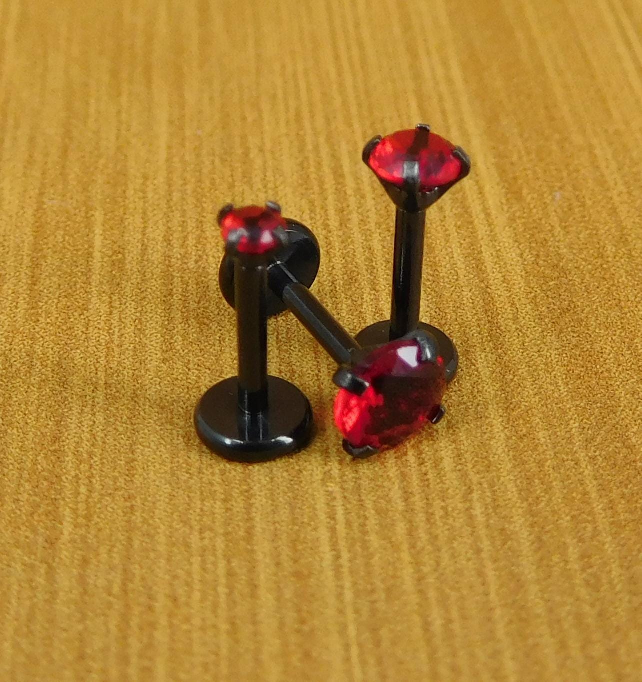 18G Red Cubic Zirconia Stud Earrings,  20G Flat Back Theadless Black PVD Nose Ring, 16G Triple Helix 2-4mm Cartilage Petite Unique Ear Rings