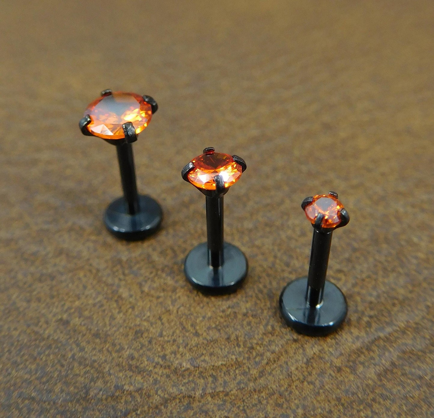Orange Crystal Stud Earring: Black PVD Prong Set Labret Nose Ring