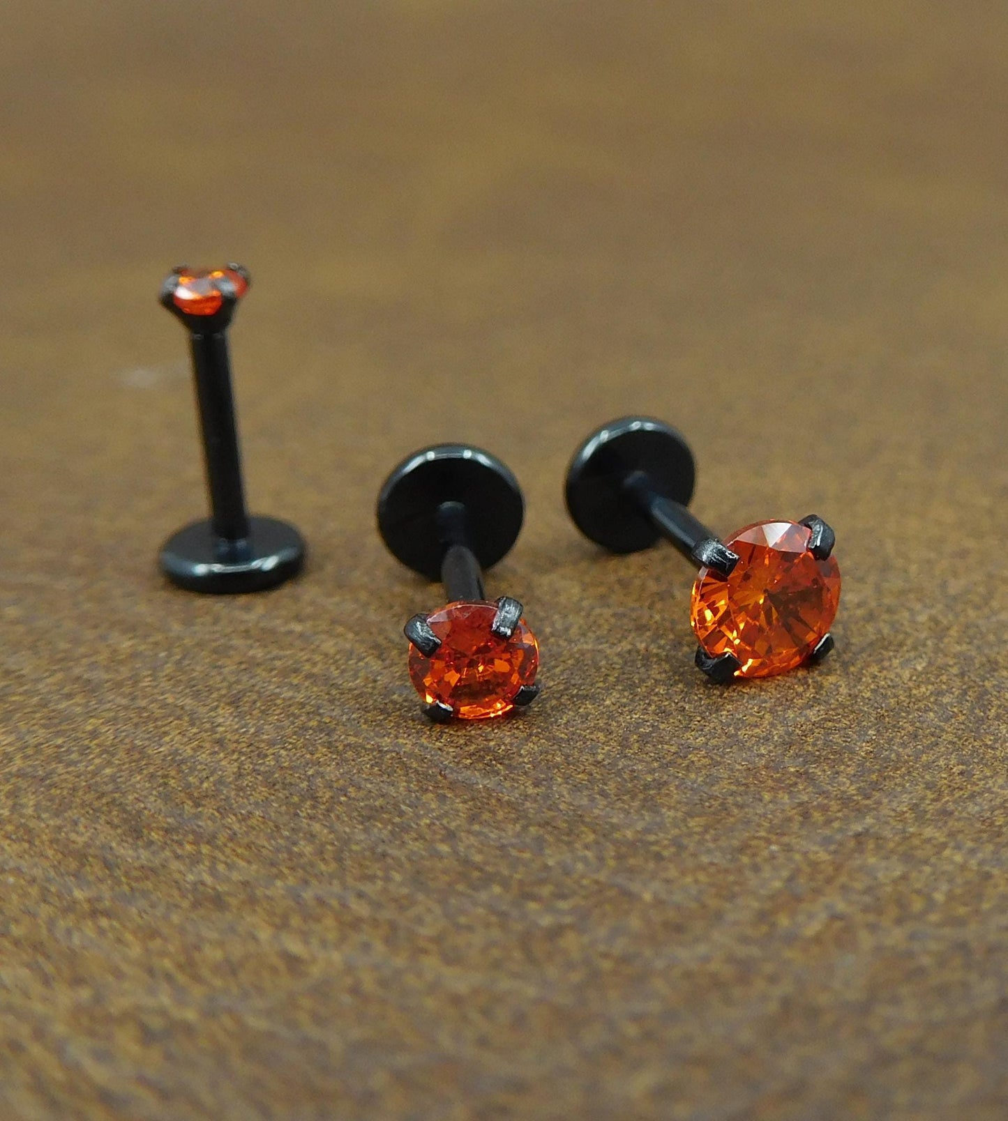 Orange Crystal Stud Earring: Black PVD Prong Set Labret Nose Ring