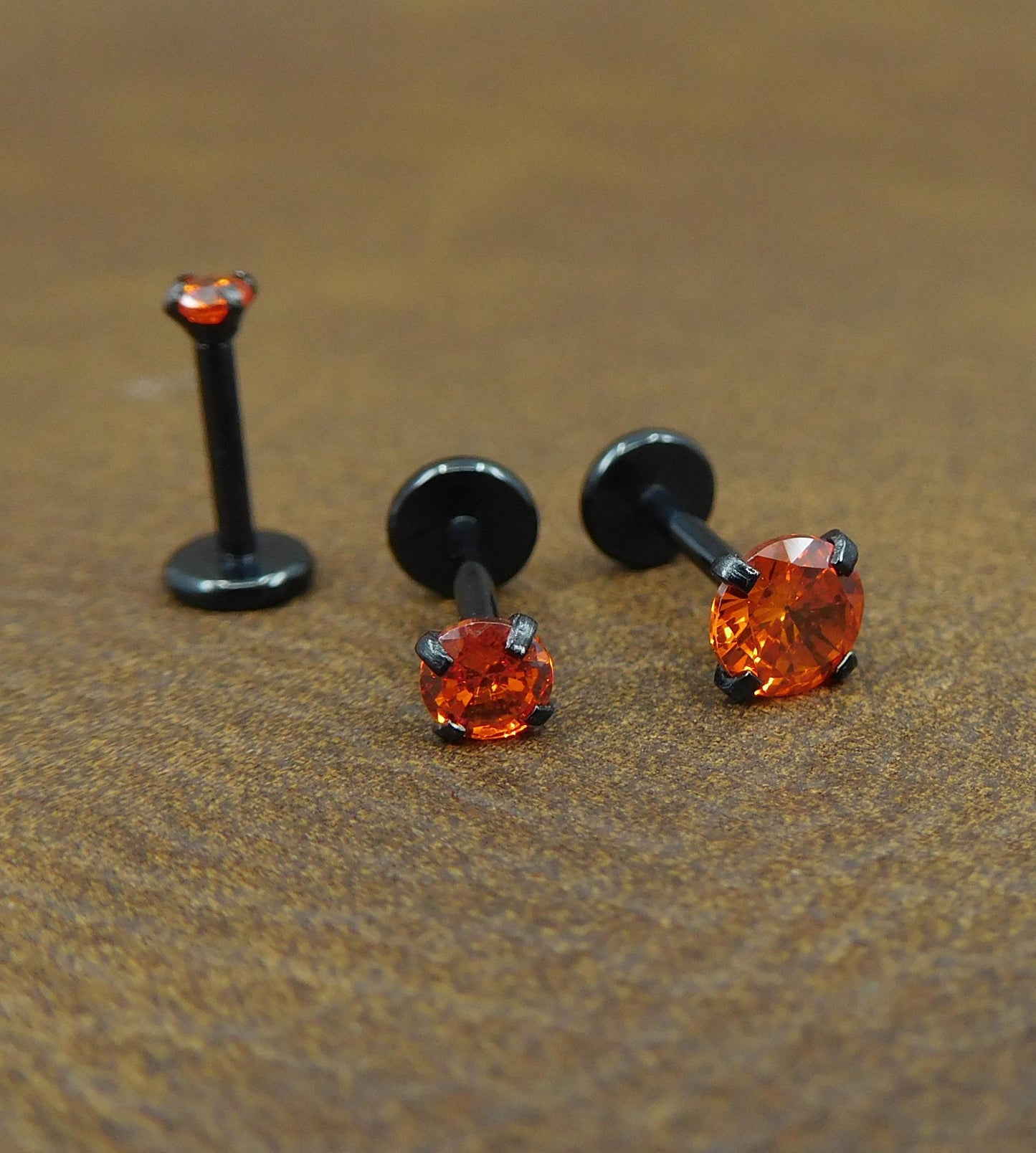 Orange Crystal Stud Earring: Black PVD Prong Set Labret Nose Ring