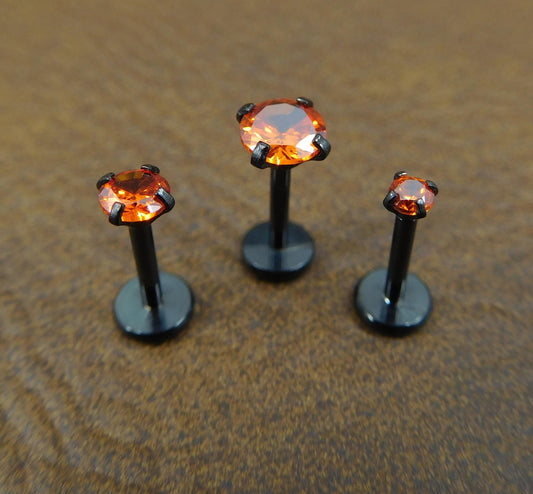 Orange Crystal Stud Earring: Black PVD Prong Set Labret Nose Ring