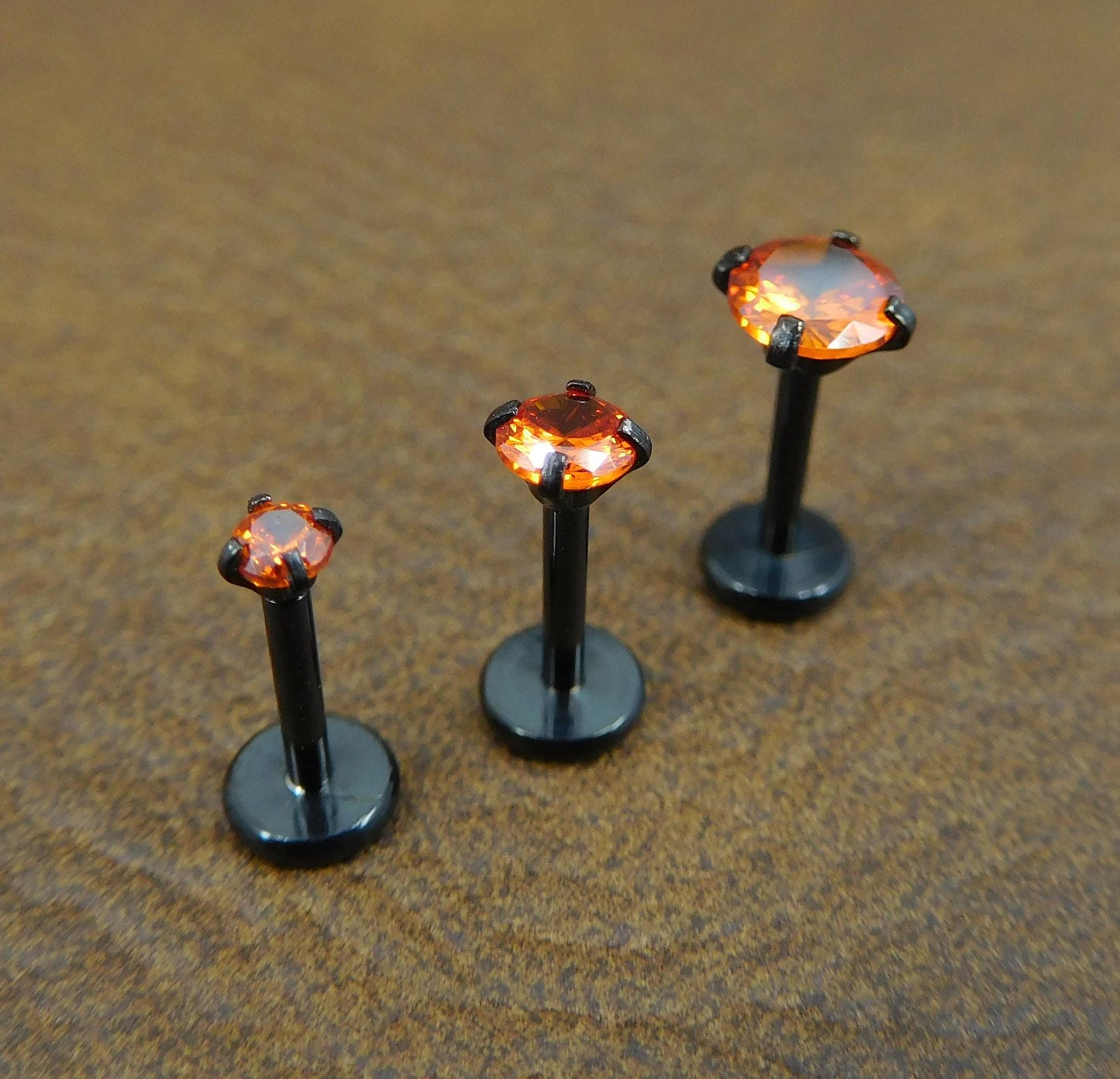 Orange Crystal Stud Earring: Black PVD Prong Set Labret Nose Ring