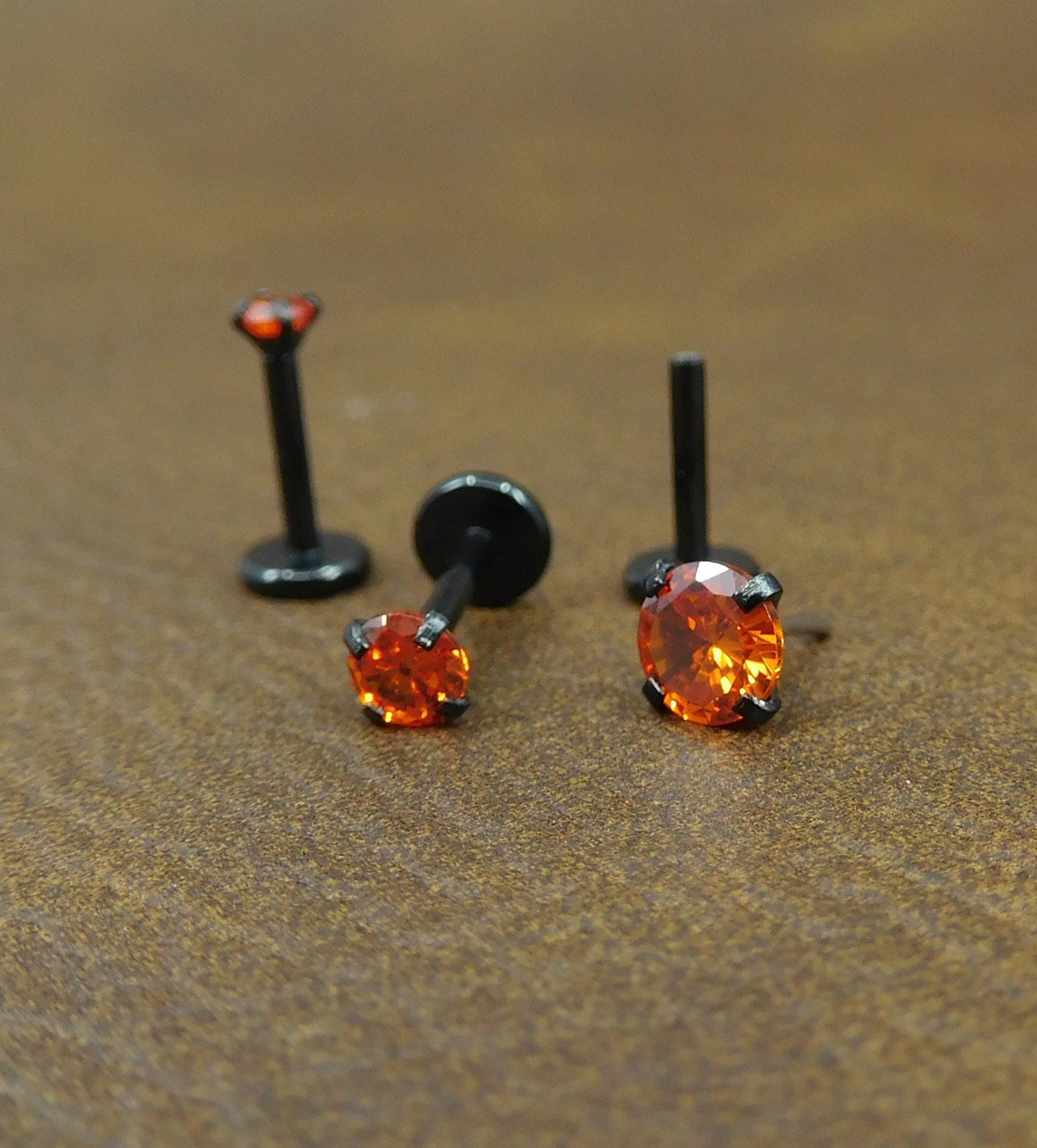 Orange Crystal Stud Earring: Black PVD Prong Set Labret Nose Ring
