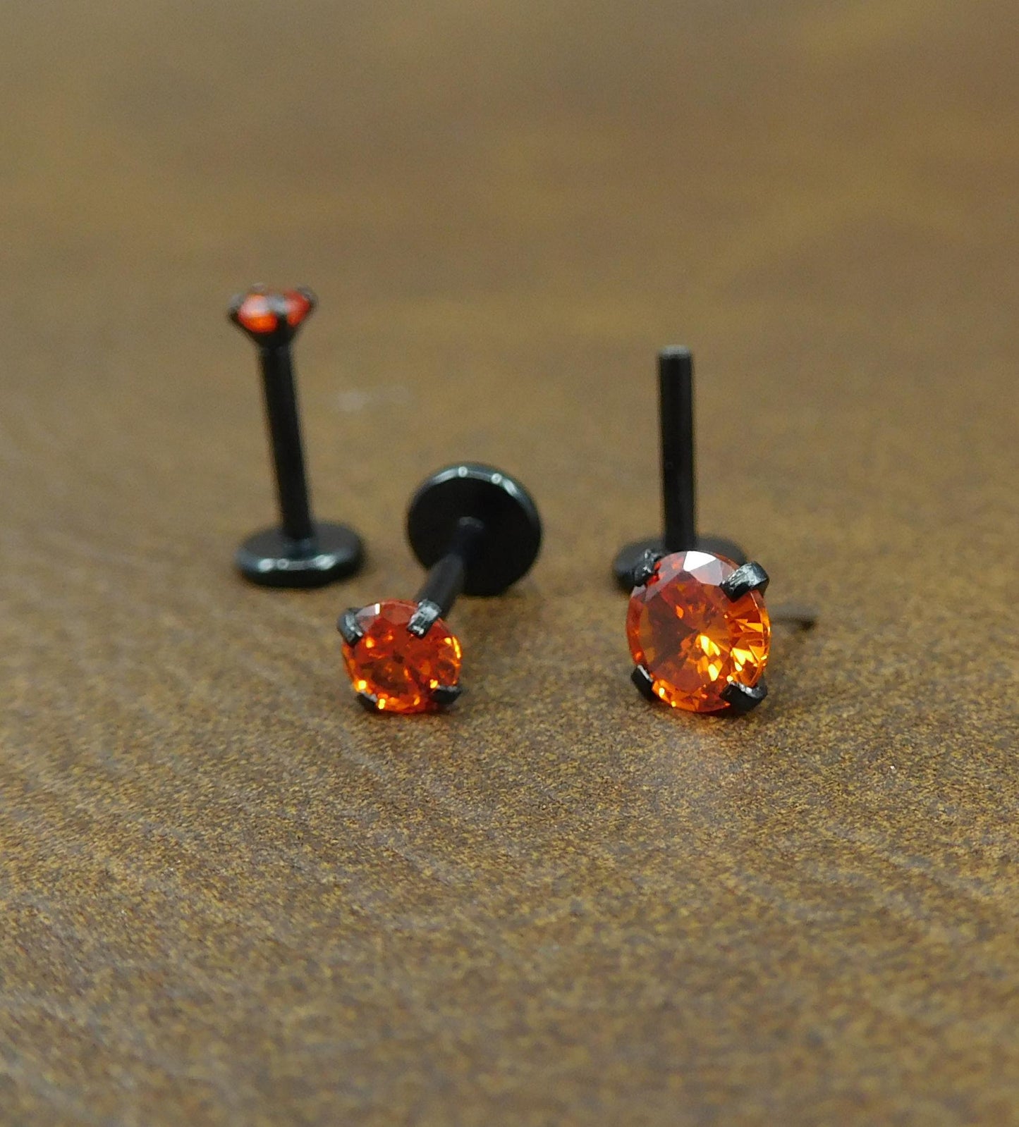 Orange Crystal Stud Earring: Black PVD Prong Set Labret Nose Ring