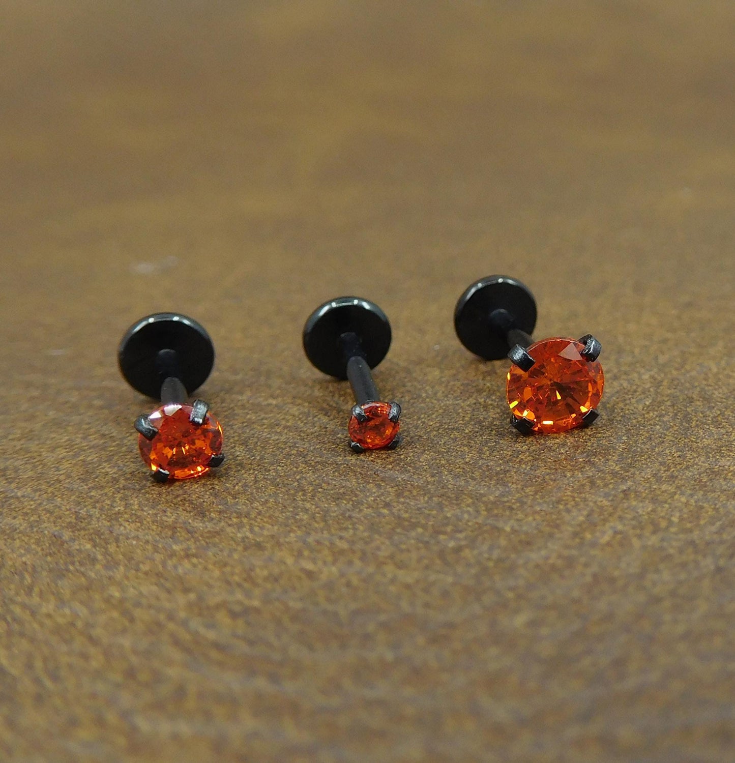 Orange Crystal Stud Earring: Black PVD Prong Set Labret Nose Ring