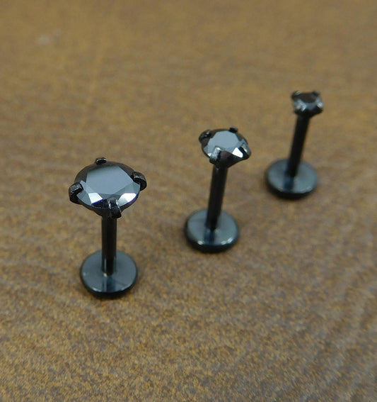Black Crystal Prong Set Stud, Surgical Steel Flat Back, 16G 18G 20G