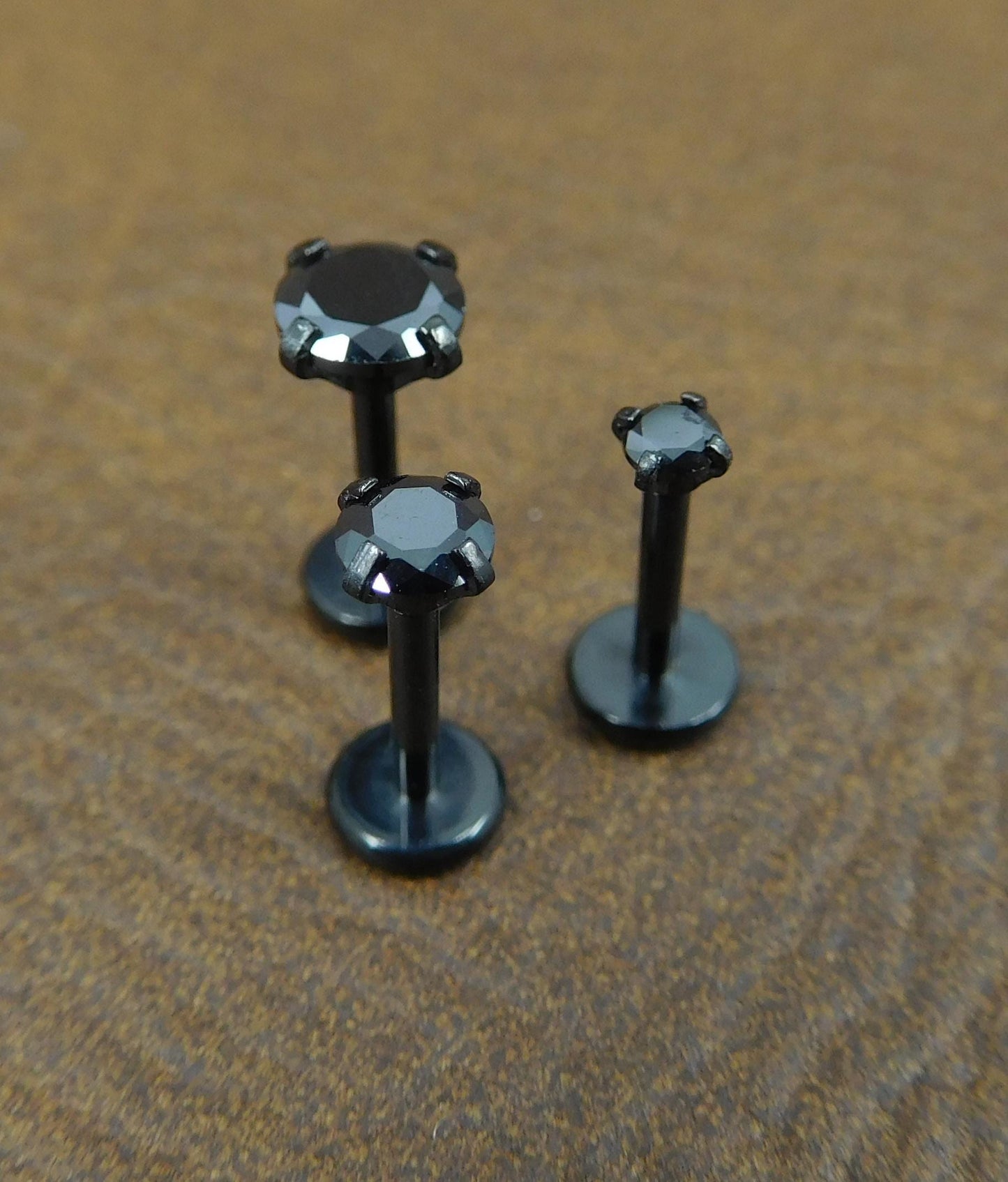Black Crystal Prong Set Stud, Surgical Steel Flat Back, 16G 18G 20G