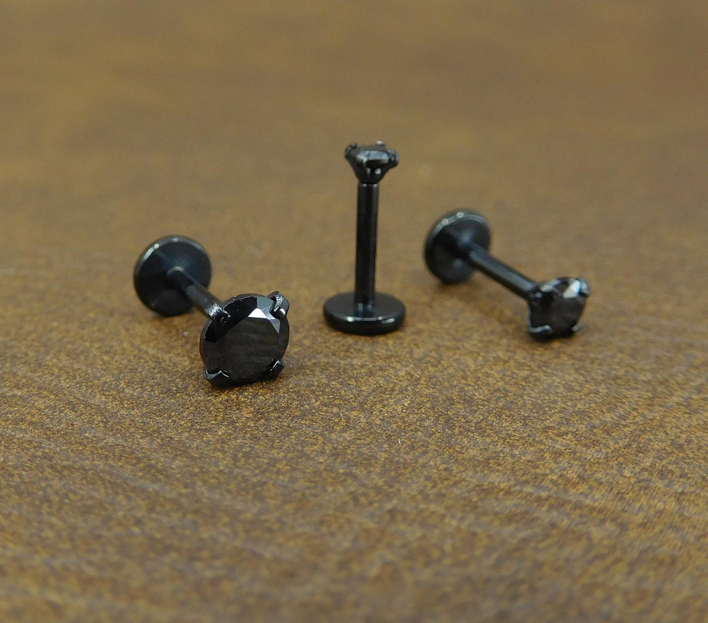 Black Crystal Prong Set Stud, Surgical Steel Flat Back, 16G 18G 20G