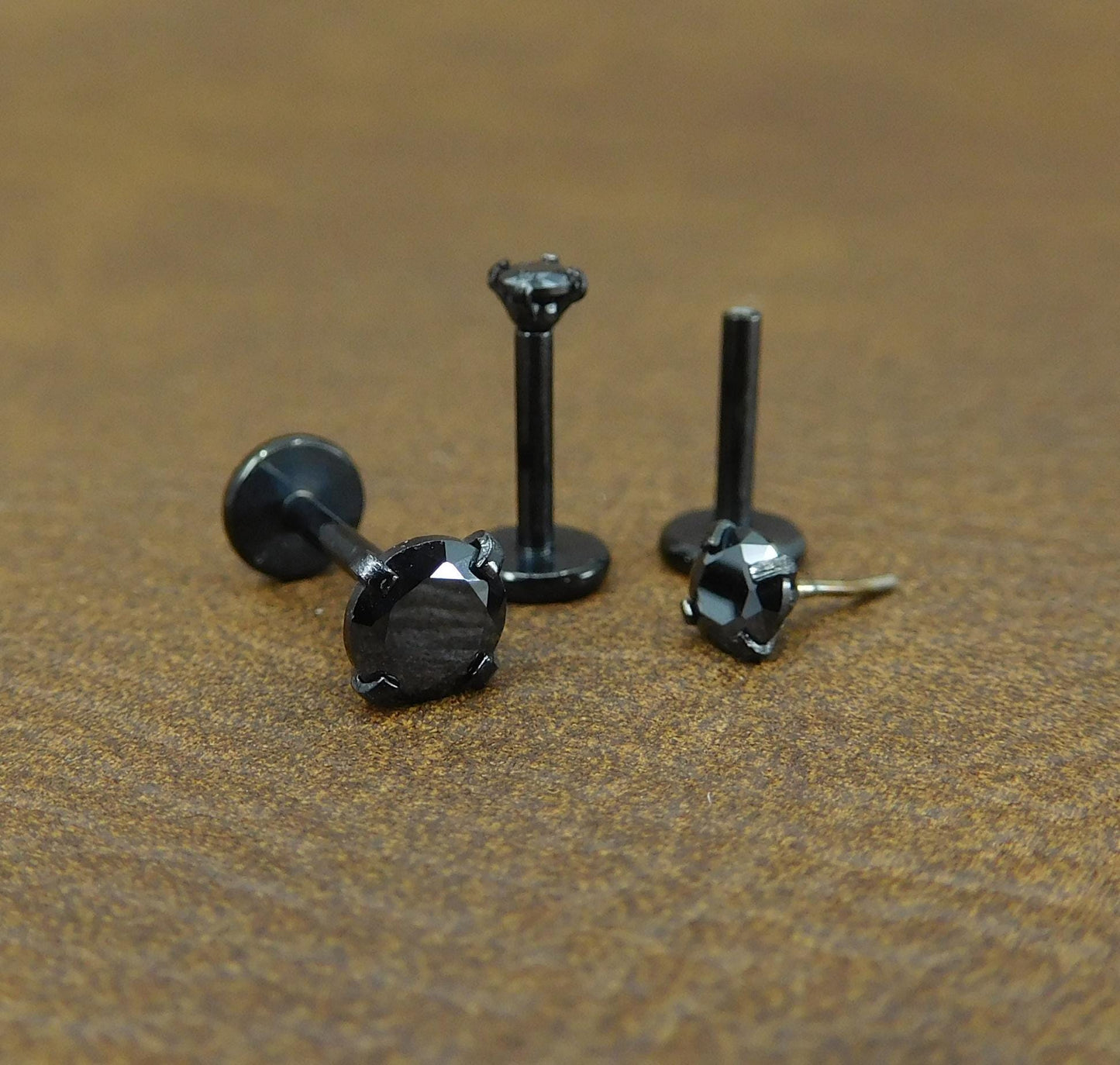 Black Crystal Prong Set Stud, Surgical Steel Flat Back, 16G 18G 20G