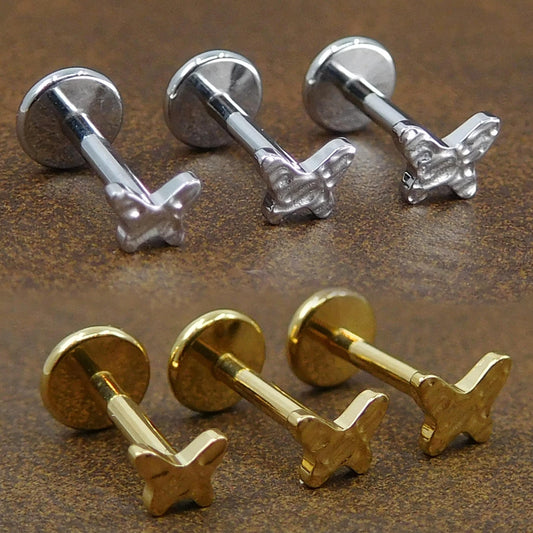 Rustic Butterfly Stud Earrings, Threadless Push Pin Gold Tone Stainless Nose Ring, Hammered Butterfly Cartilage Earrings, 16G, 18G, 20G