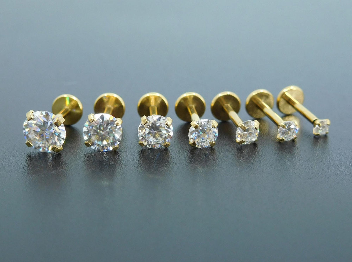 Moissanite Gold PVD Threadless Stud Earrings ~ Push Pin Nose Ring ~ Tragus Piercing ~ Labret Earring ~ Threadless Flat Back Earring Stack