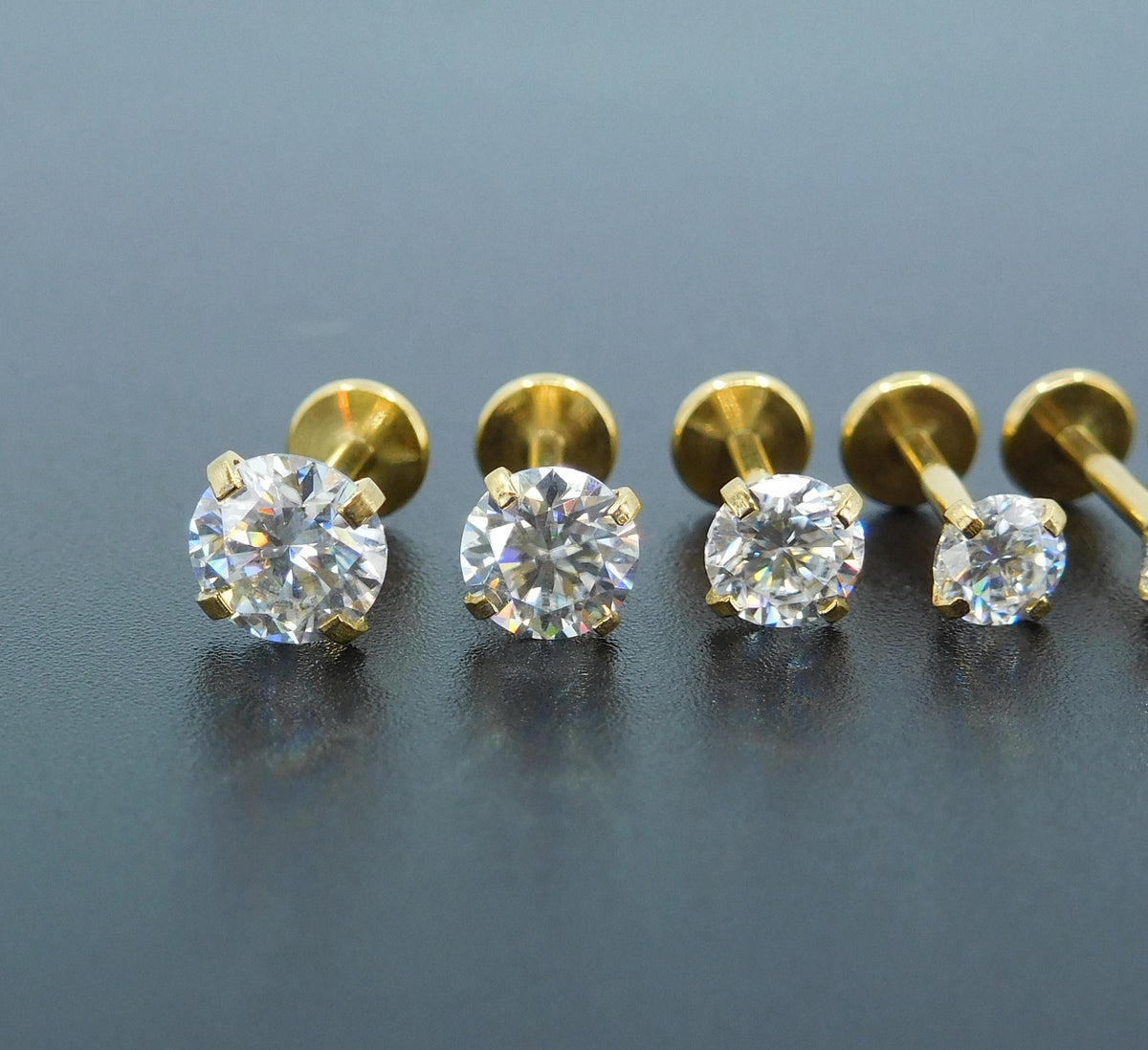 Moissanite Gold PVD Threadless Stud Earrings ~ Push Pin Nose Ring ~ Tragus Piercing ~ Labret Earring ~ Threadless Flat Back Earring Stack