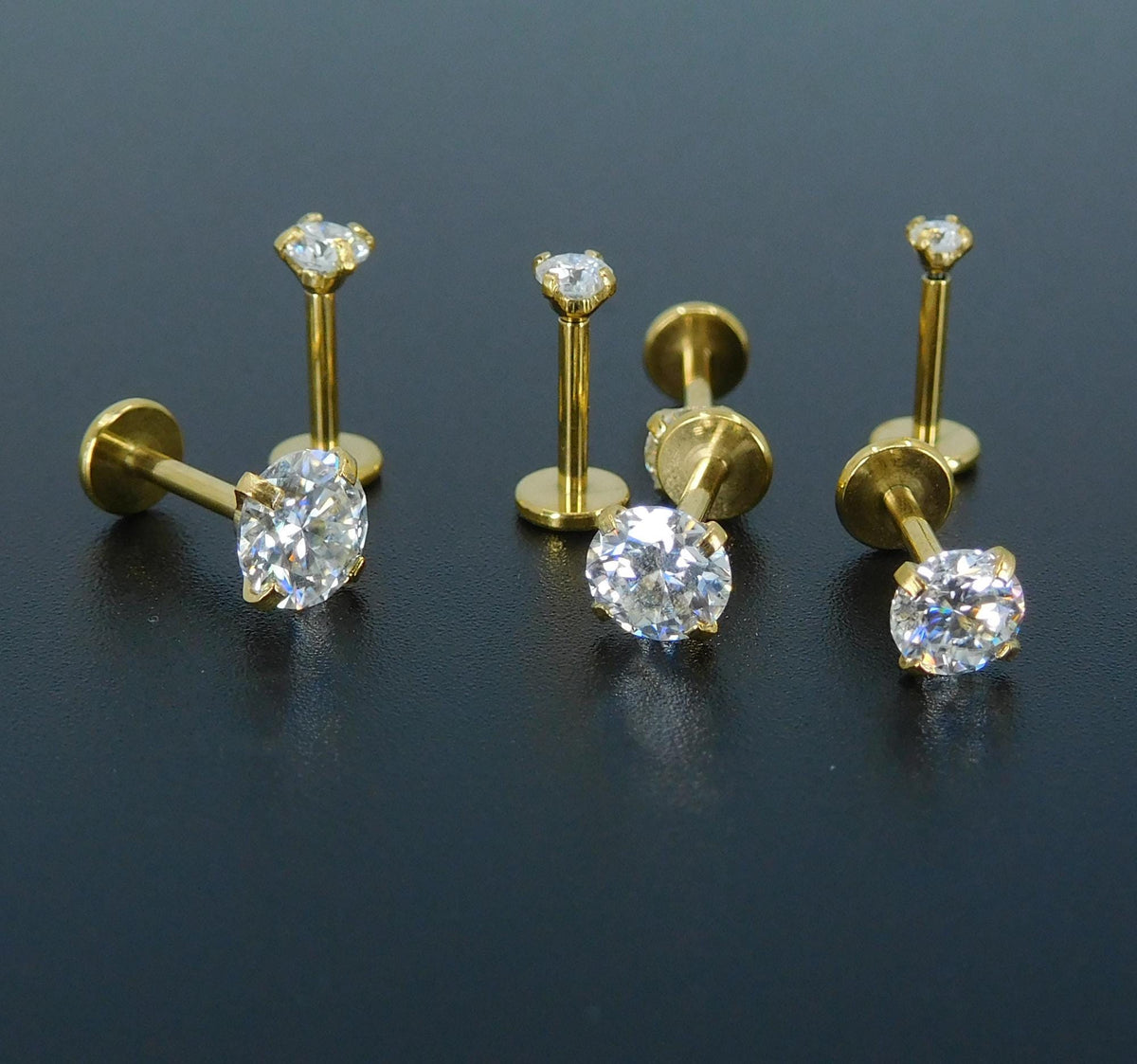 Moissanite Gold PVD Threadless Stud Earrings ~ Push Pin Nose Ring ~ Tragus Piercing ~ Labret Earring ~ Threadless Flat Back Earring Stack
