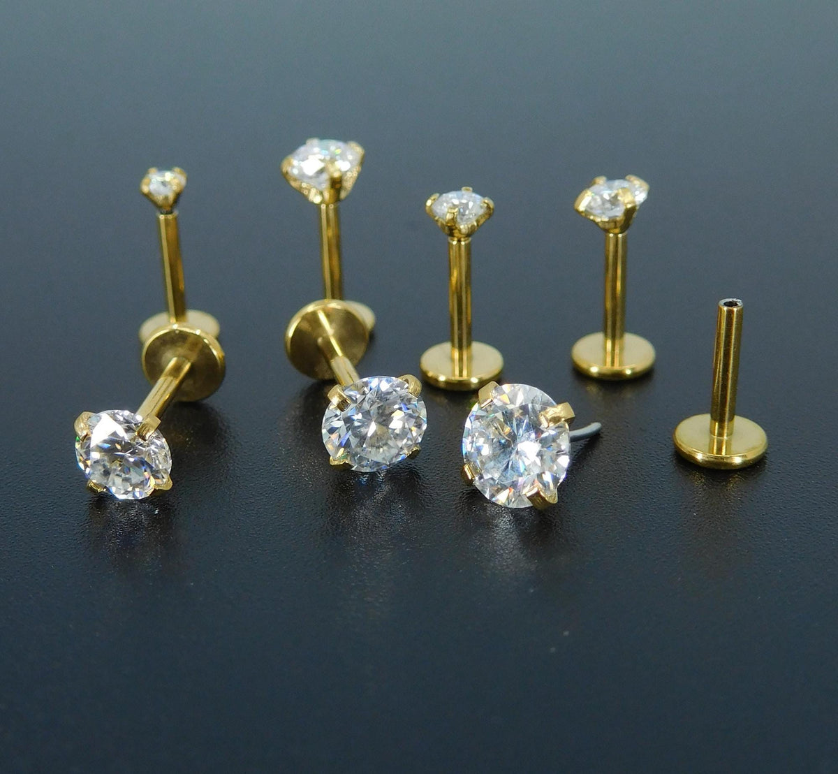 Moissanite Gold PVD Threadless Stud Earrings ~ Push Pin Nose Ring ~ Tragus Piercing ~ Labret Earring ~ Threadless Flat Back Earring Stack