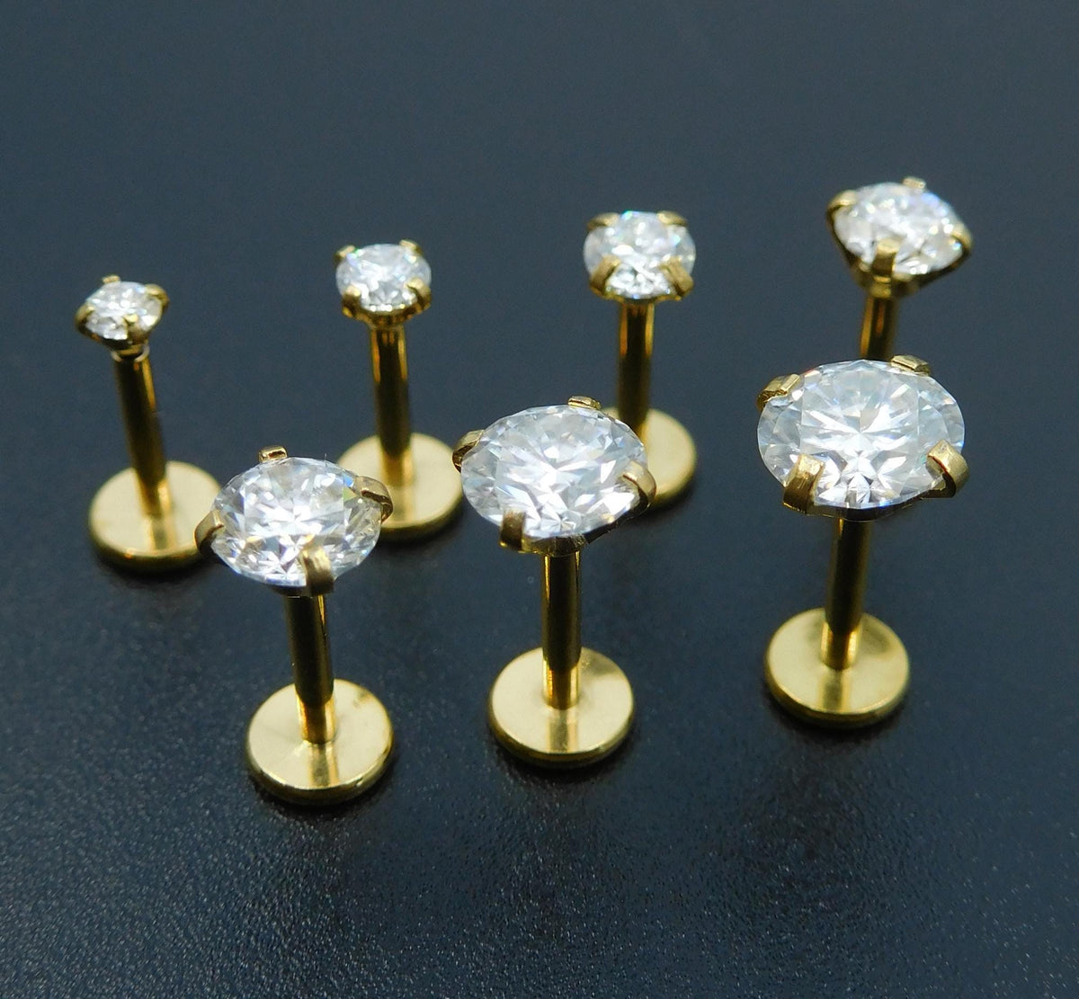 Moissanite Gold PVD Threadless Stud Earrings ~ Push Pin Nose Ring ~ Tragus Piercing ~ Labret Earring ~ Threadless Flat Back Earring Stack