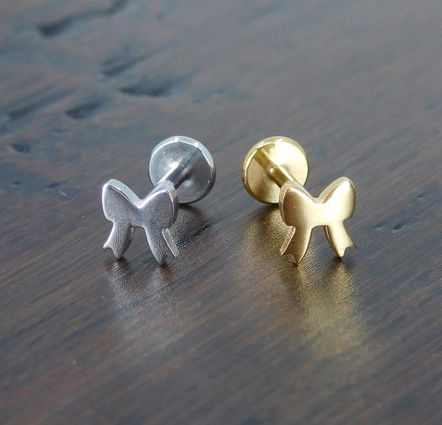 Small Petite Flat Bow Stud Earrings, Threadless Push Pin Gold Tone Nose Ring, 16G, 18G, 20G Rustic Earrings, Bow Shaped Cartilage Earrings