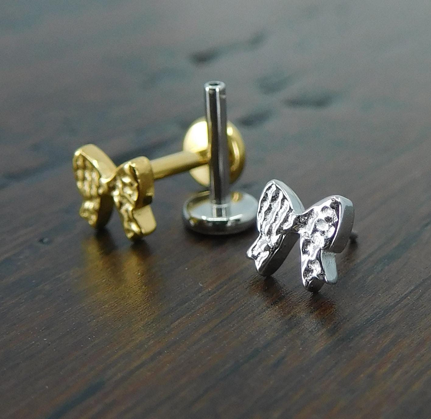 Flat Back Hammered Bow Stud Earrings, Threadless Push Pin Gold Tone Nose Ring, Rustic Earrings, 16G, 18G, 20G Bow Shaped Cartilage Earrings