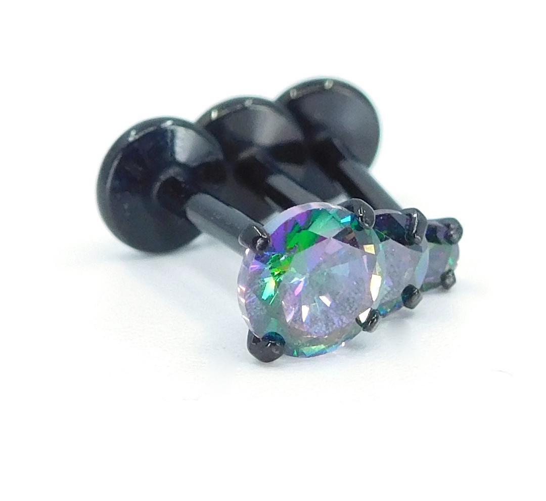 NEW 16G, 18G, 20G Black Threadless Stud Earrings, Prong Set Crystal Labret Nose Ring, Dark Rainbow Comfort Flat Back Dark Prism Tragus Rings