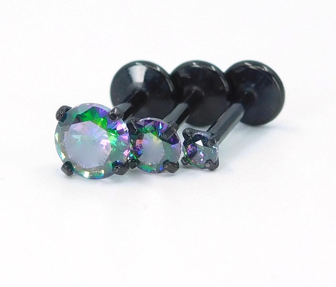 NEW 16G, 18G, 20G Black Threadless Stud Earrings, Prong Set Crystal Labret Nose Ring, Dark Rainbow Comfort Flat Back Dark Prism Tragus Rings